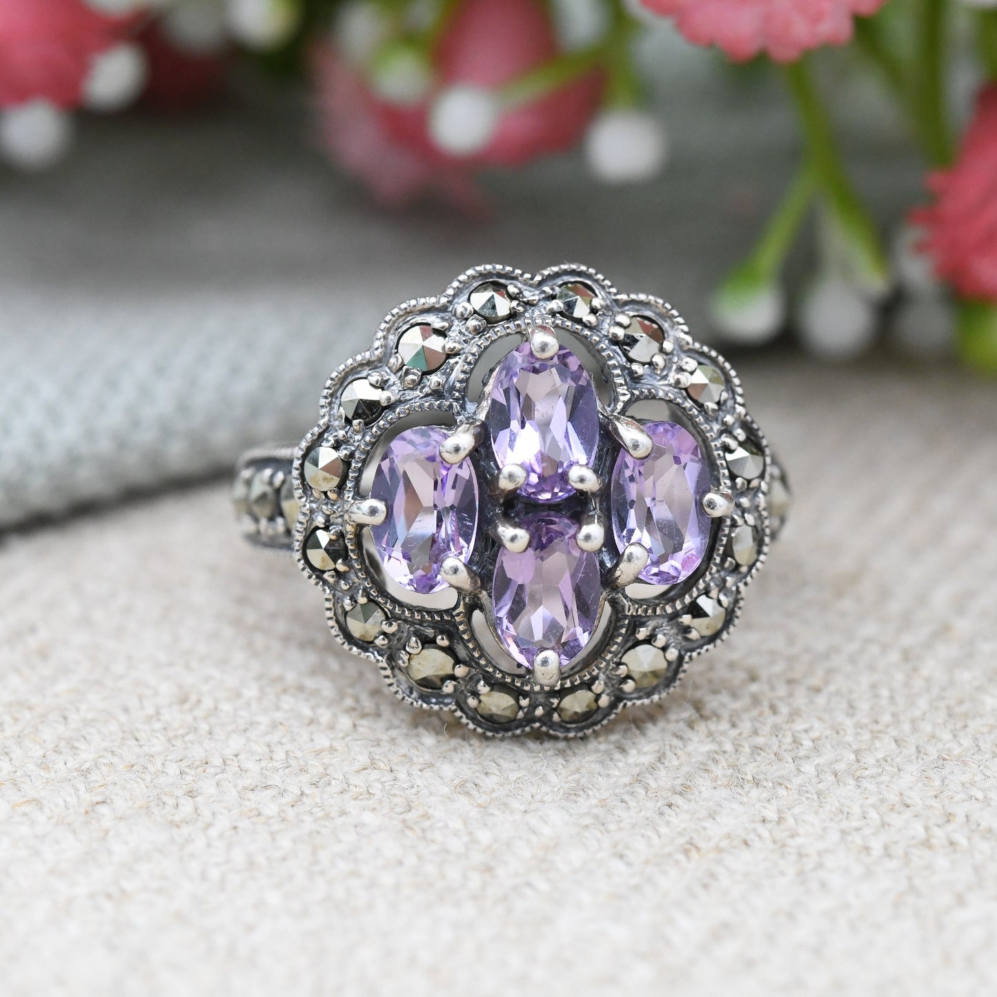 Vintage Sterling Silver Amethyst Marcasite Ring - Chunky Sparkly Statement Cocktail Ring | UK Size - N | US Size - 6 3/4