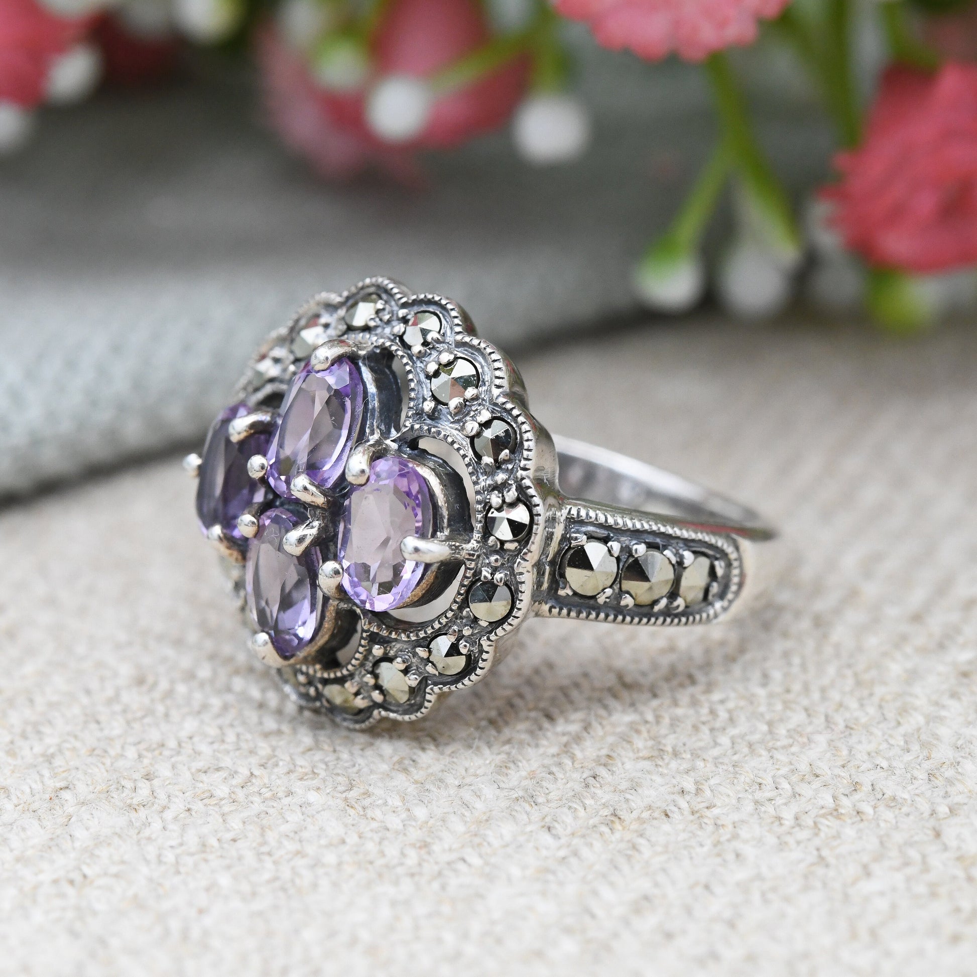 Vintage Sterling Silver Amethyst Marcasite Ring - Chunky Sparkly Statement Cocktail Ring | UK Size - N | US Size - 6 3/4