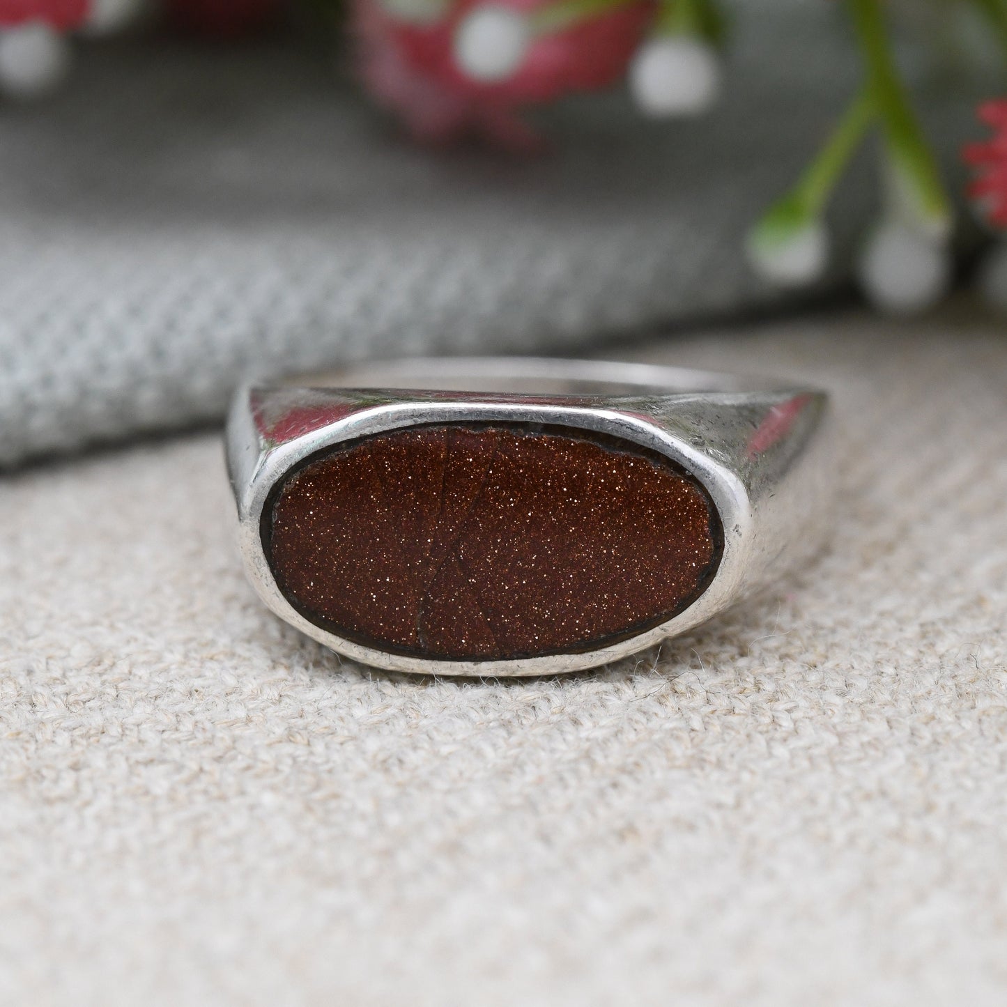 Vintage Mexican Sterling Silver Goldstone Signet Ring - Chunky Mid-Century Modernist | Taxco Mexico Signed | UK Size - S | US Size - 9