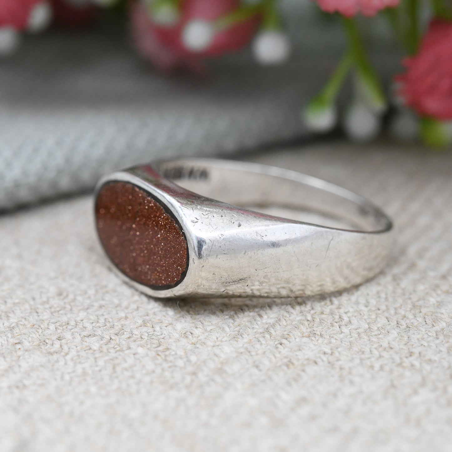 Vintage Mexican Sterling Silver Goldstone Signet Ring - Chunky Mid-Century Modernist | Taxco Mexico Signed | UK Size - S | US Size - 9