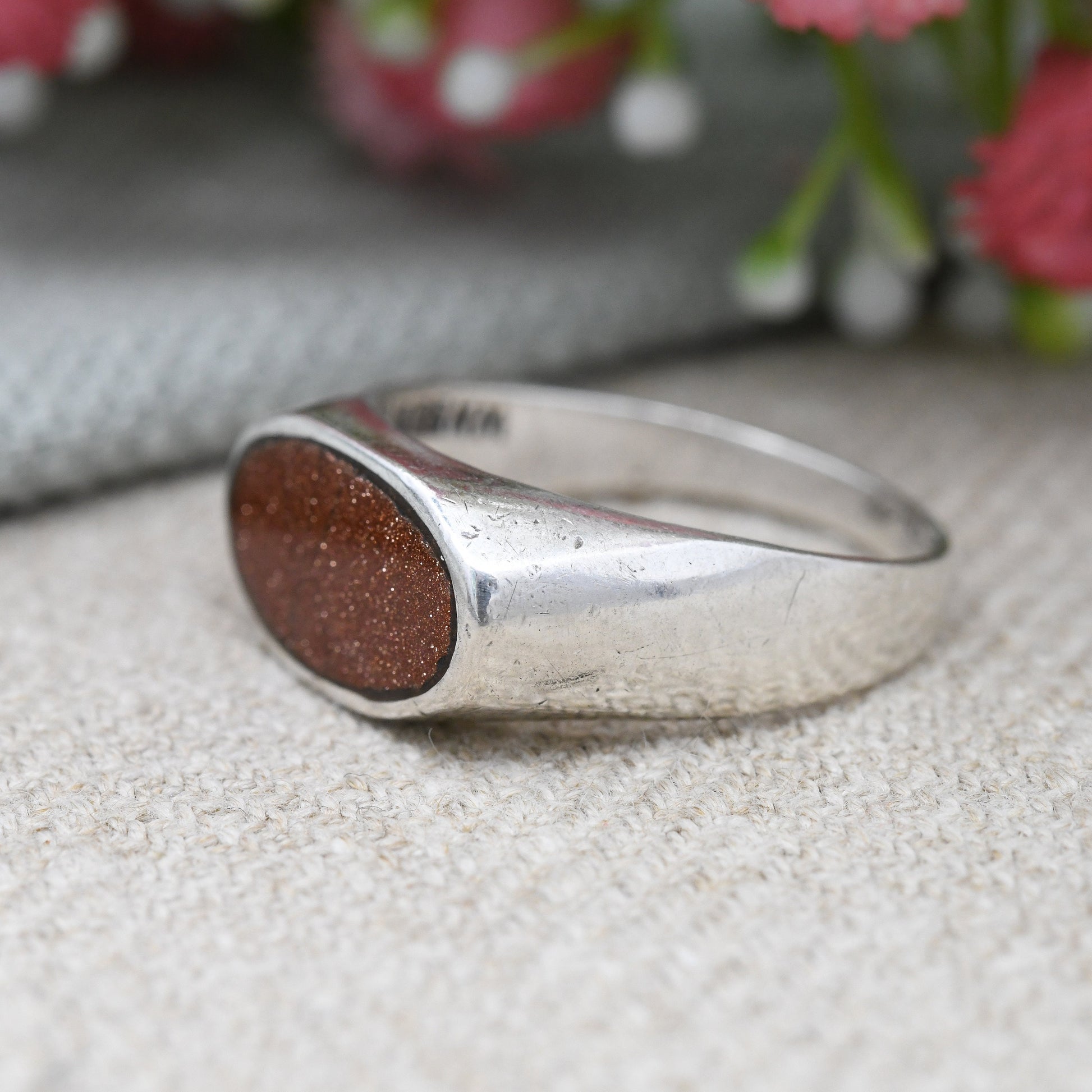 Vintage Mexican Sterling Silver Goldstone Signet Ring - Chunky Mid-Century Modernist | Taxco Mexico Signed | UK Size - S | US Size - 9