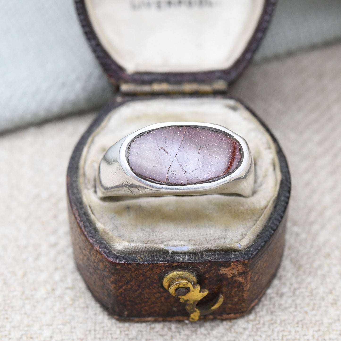 Vintage Mexican Sterling Silver Goldstone Signet Ring - Chunky Mid-Century Modernist | Taxco Mexico Signed | UK Size - S | US Size - 9