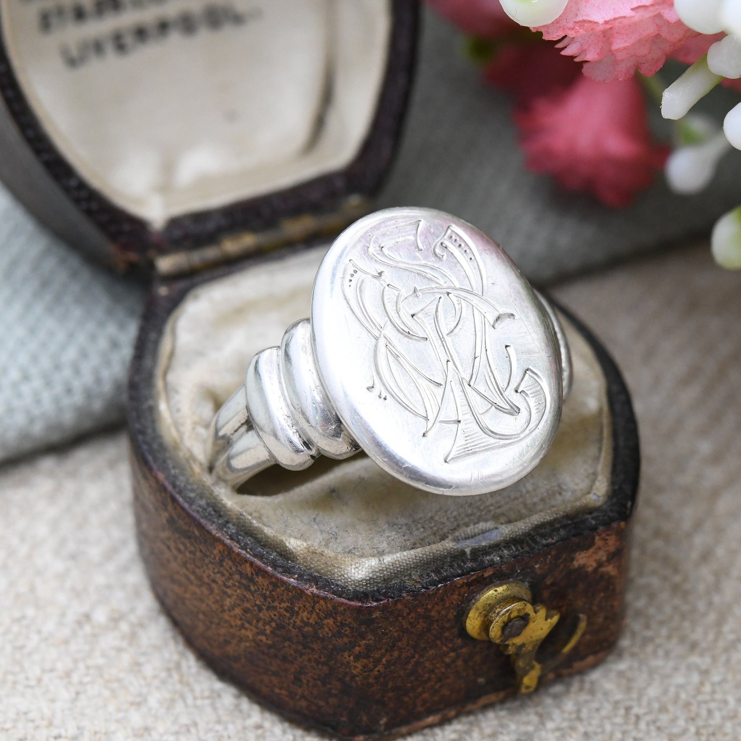 Vintage Silver Monogram Signet Ring - Large Chunky Engraved Initial Ring | Sentimental Silver Jewellery | UK Size - V 1/2 | US Size - 10 3/4