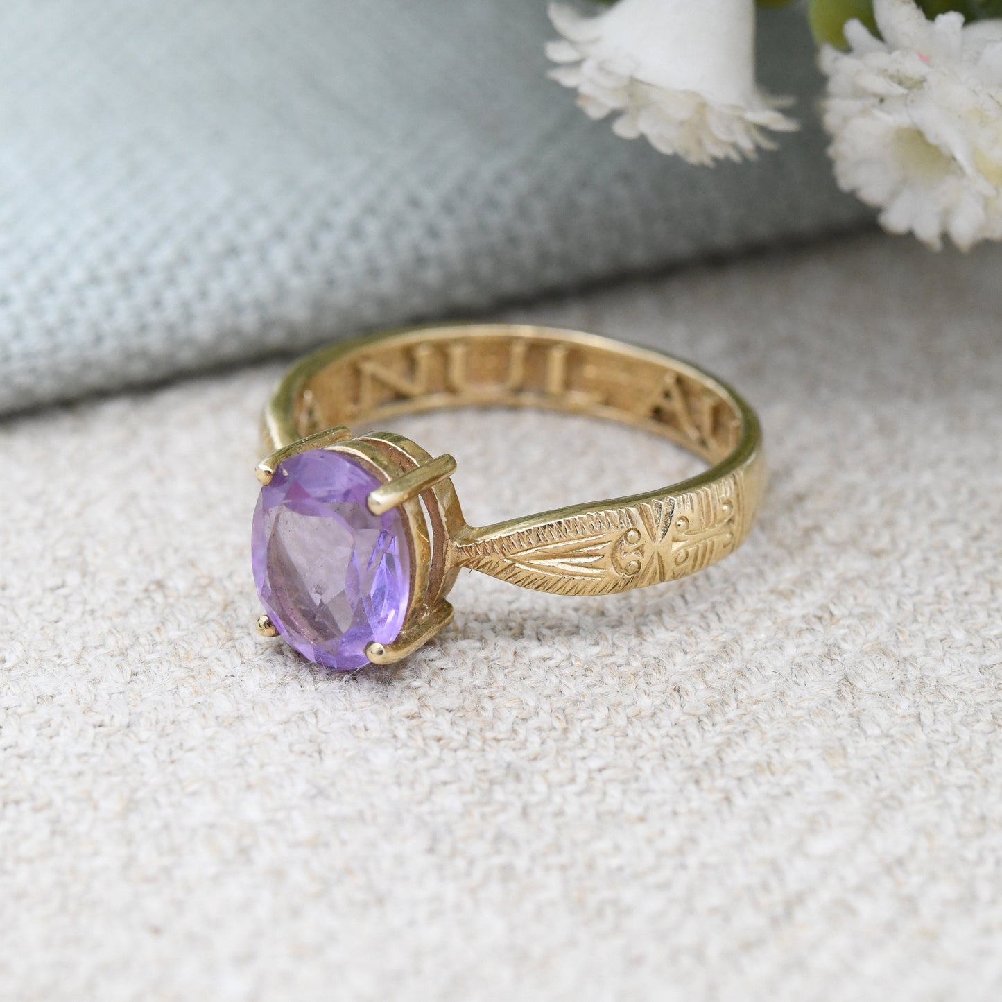 Vintage 9ct Gold Amethyst Sentimental Ring French A Nul Autre To No One Else - Large Purple Stone Solitaire | UK Size - P 1/2 | US Size - 8