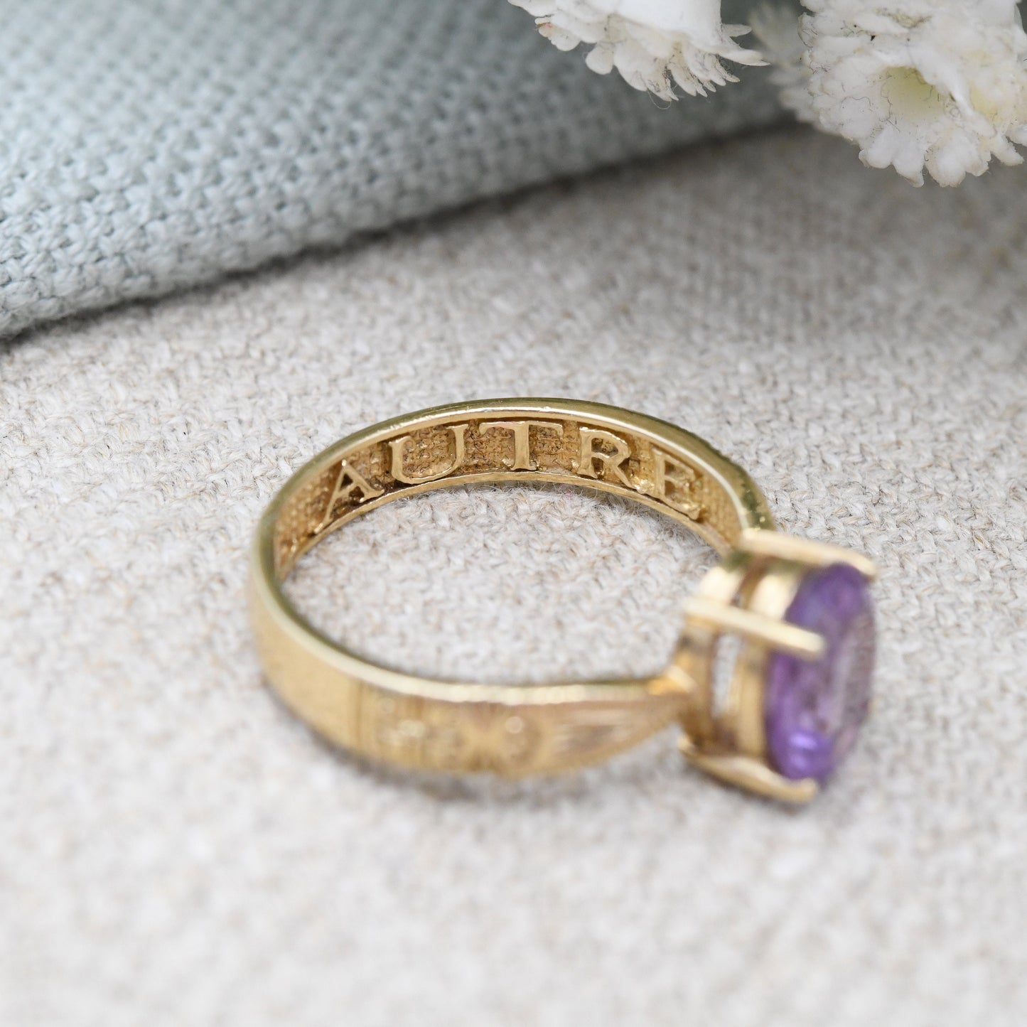 Vintage 9ct Gold Amethyst Sentimental Ring French A Nul Autre To No One Else - Large Purple Stone Solitaire | UK Size - P 1/2 | US Size - 8