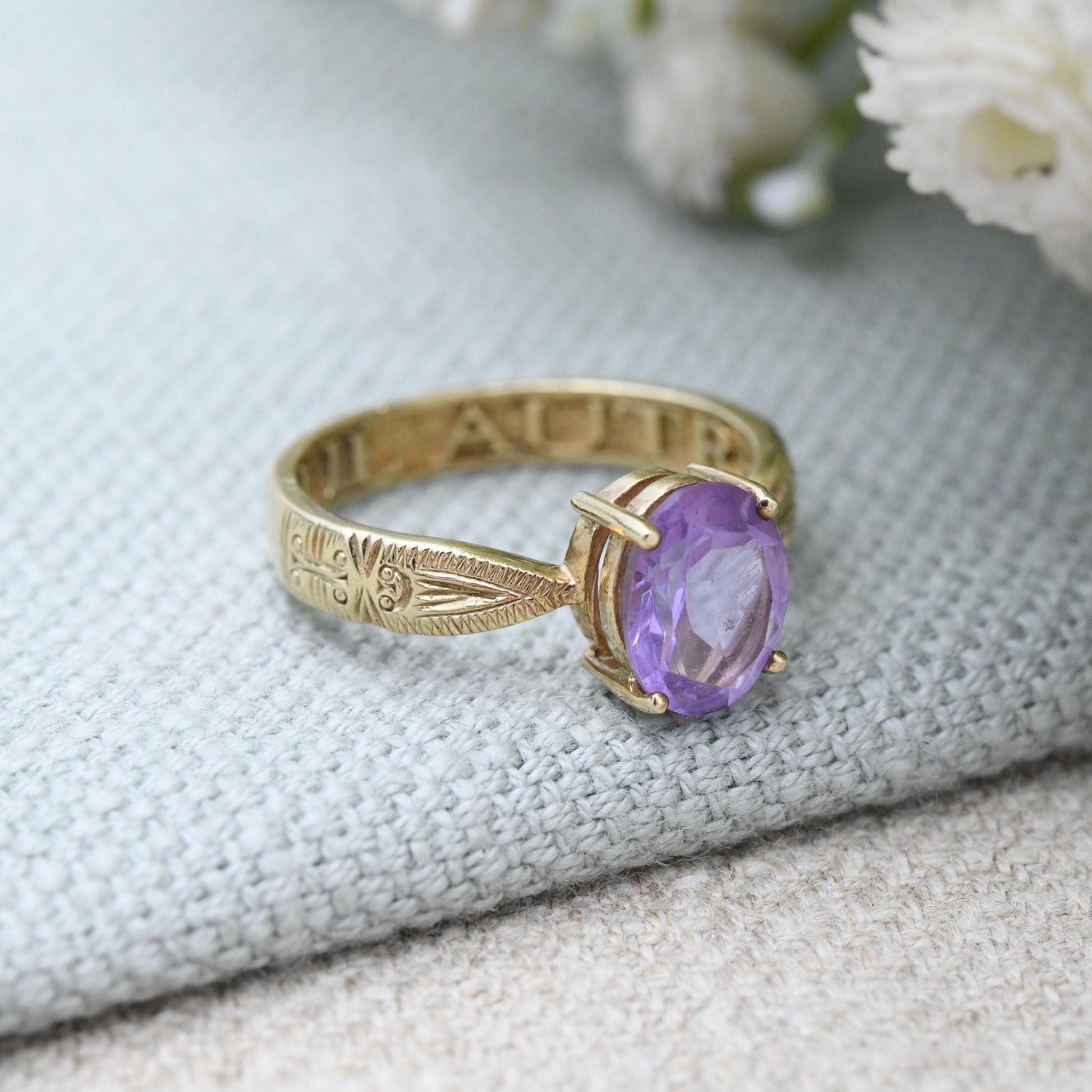 Vintage 9ct Gold Amethyst Sentimental Ring French A Nul Autre To No One Else - Large Purple Stone Solitaire | UK Size - P 1/2 | US Size - 8