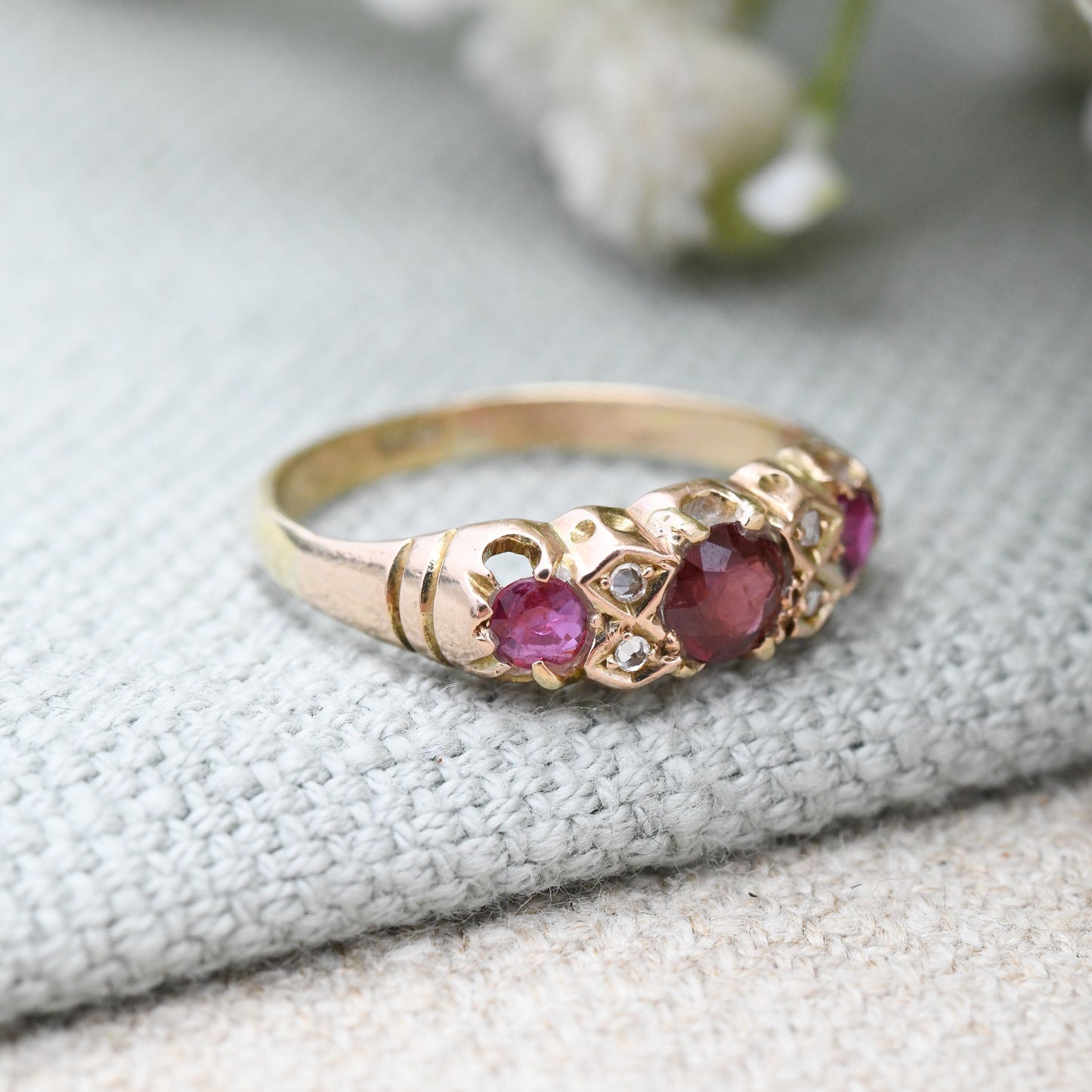 Antique 18ct Gold Ruby Diamond Three Stone Ring - Edwardian Gypsy Ring | Unusual Engagement Ring | UK Size - L | US Size - 5 3/4