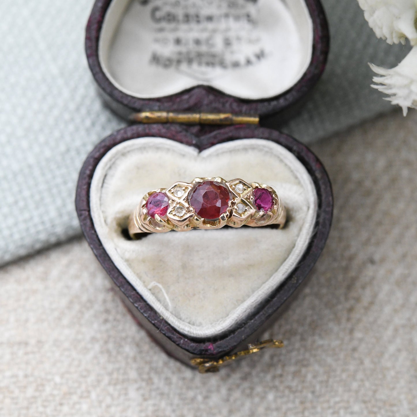 Antique 18ct Gold Ruby Diamond Three Stone Ring - Edwardian Gypsy Ring | Unusual Engagement Ring | UK Size - L | US Size - 5 3/4