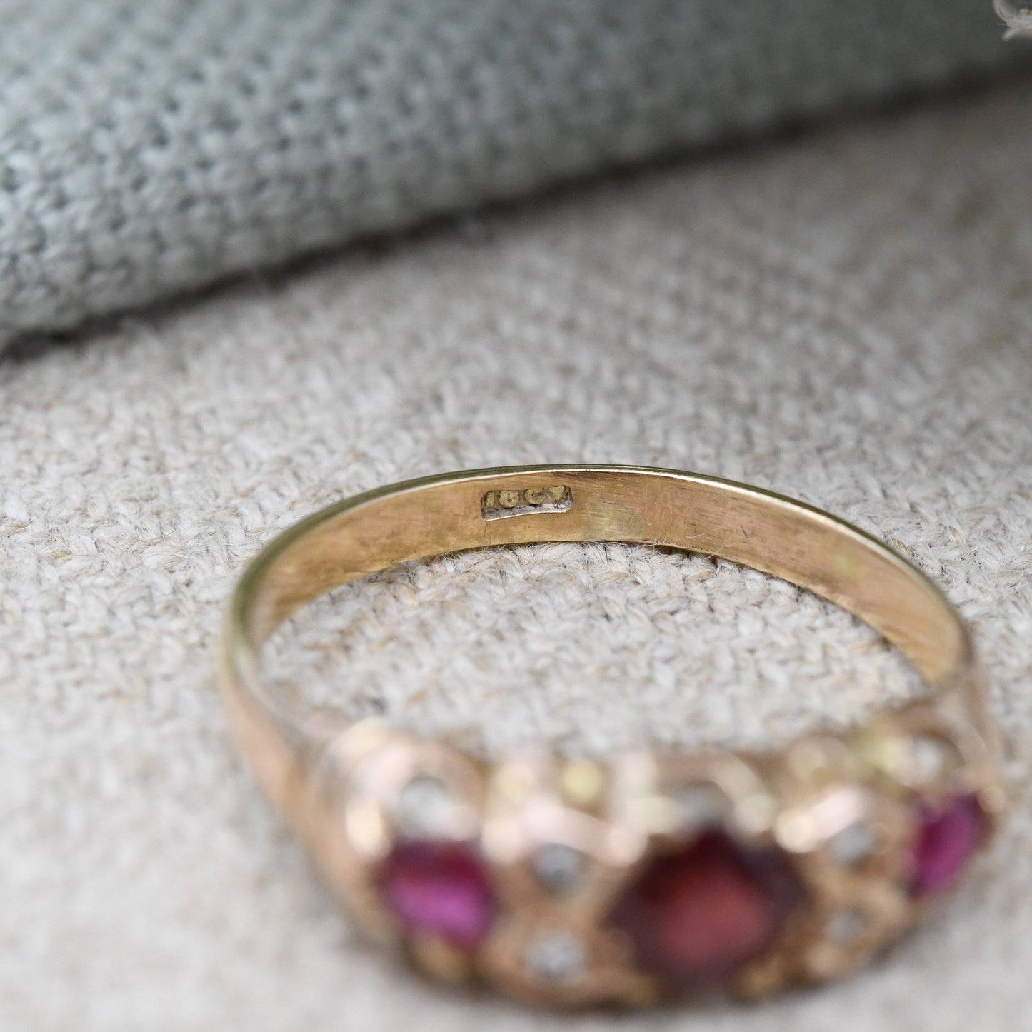 Antique 18ct Gold Ruby Diamond Three Stone Ring - Edwardian Gypsy Ring | Unusual Engagement Ring | UK Size - L | US Size - 5 3/4