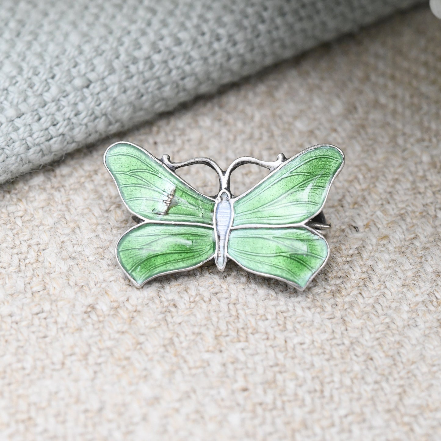 Antique Sterling Silver Guilloche Enamel Butterfly Brooch by John Atkins and Son JA&S - Small Green Enamel Insect Pin