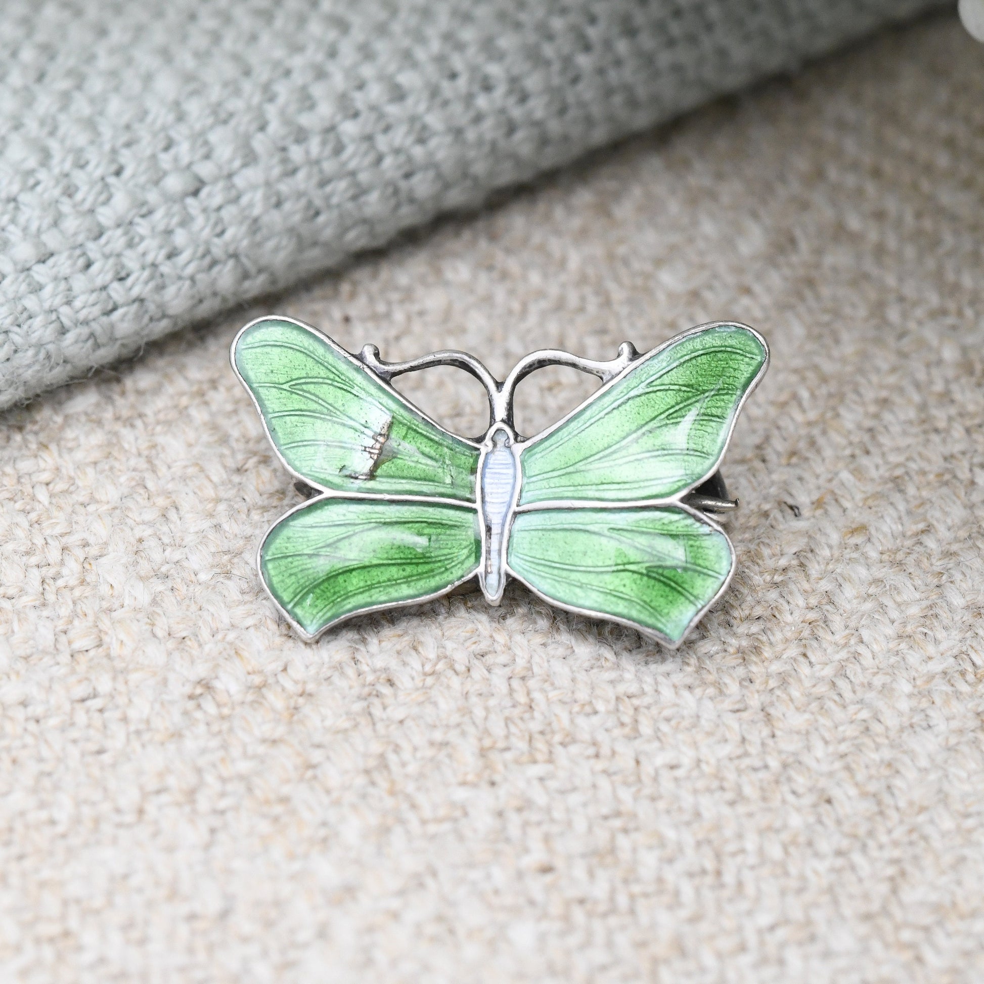 Antique Sterling Silver Guilloche Enamel Butterfly Brooch by John Atkins and Son JA&S - Small Green Enamel Insect Pin