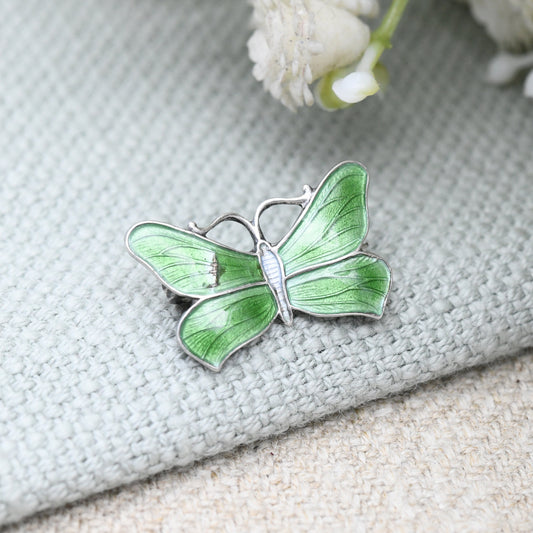 Antique Sterling Silver Guilloche Enamel Butterfly Brooch by John Atkins and Son JA&S - Small Green Enamel Insect Pin