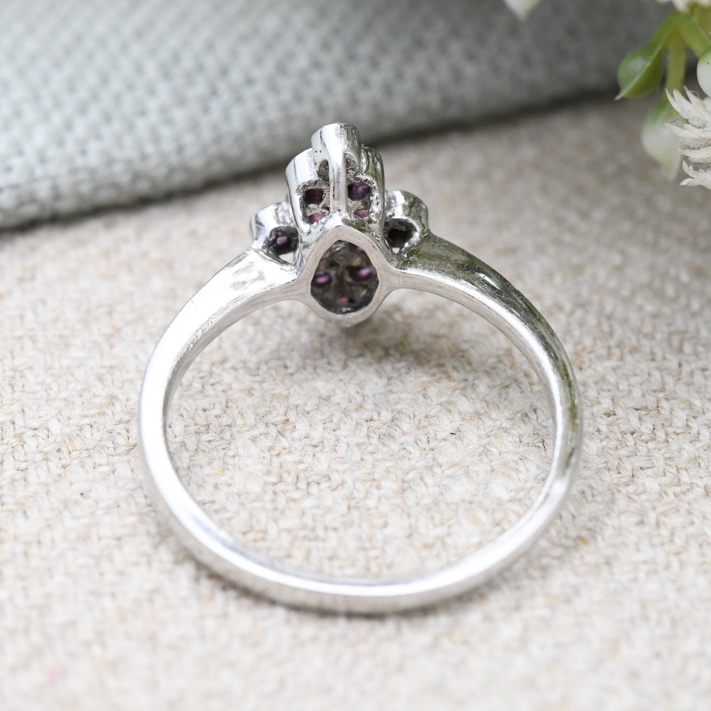 Vintage Sterling Silver Ruby Cluster Ring - July Birthstone Pretty Gift for Her | UK Size - Q 1/2 | US Size - 8 1/4