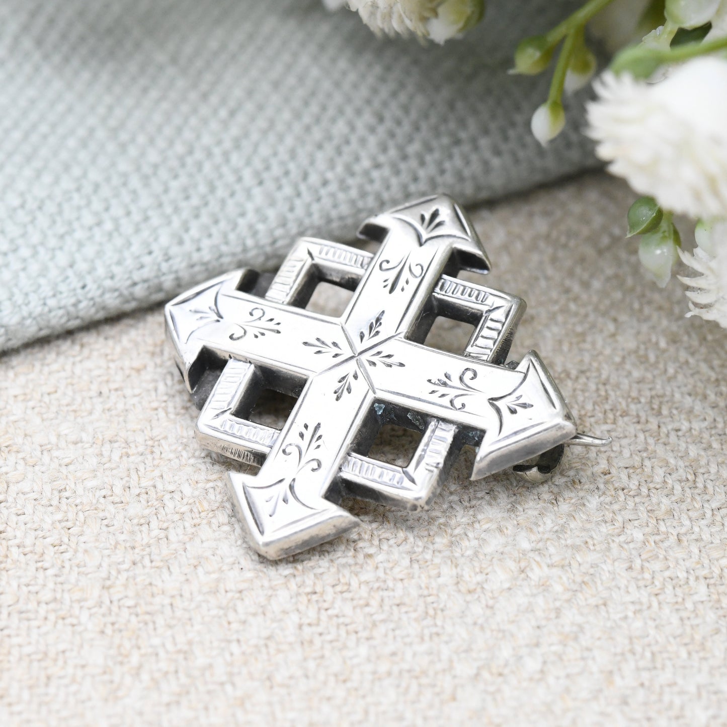 Antique Victorian Sterling Silver Square Arrow Cross Brooch - Equal Sided Cross | Christian Religion | Hollow Silver Brooch Pin