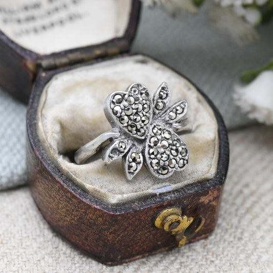 Vintage Sterling Silver Marcasite Hearts Ring - Statement Cocktail Ring | Cute Love Heart Jewellery Gift | UK Size - N | US Size - 6 3/4