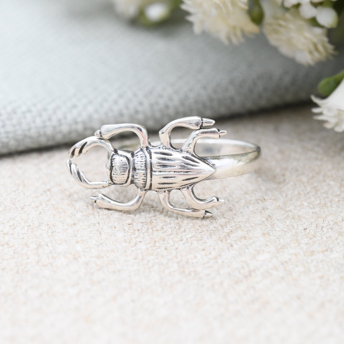 Vintage Sterling Silver Beetle Ring - Unusual Insect Jewellery | Statement Scary Halloween Gift | UK Size - M 1/2 | US Size - 6 1/2