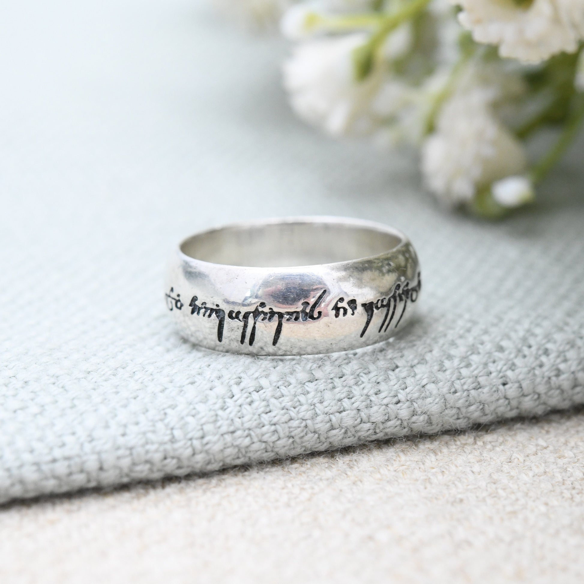 Sterling Silver The Lord of the Rings One Ring Fusion - Unisex Chunky Silver Band Black Speech Inscription | UK Size - L | US Size - 5 3/4