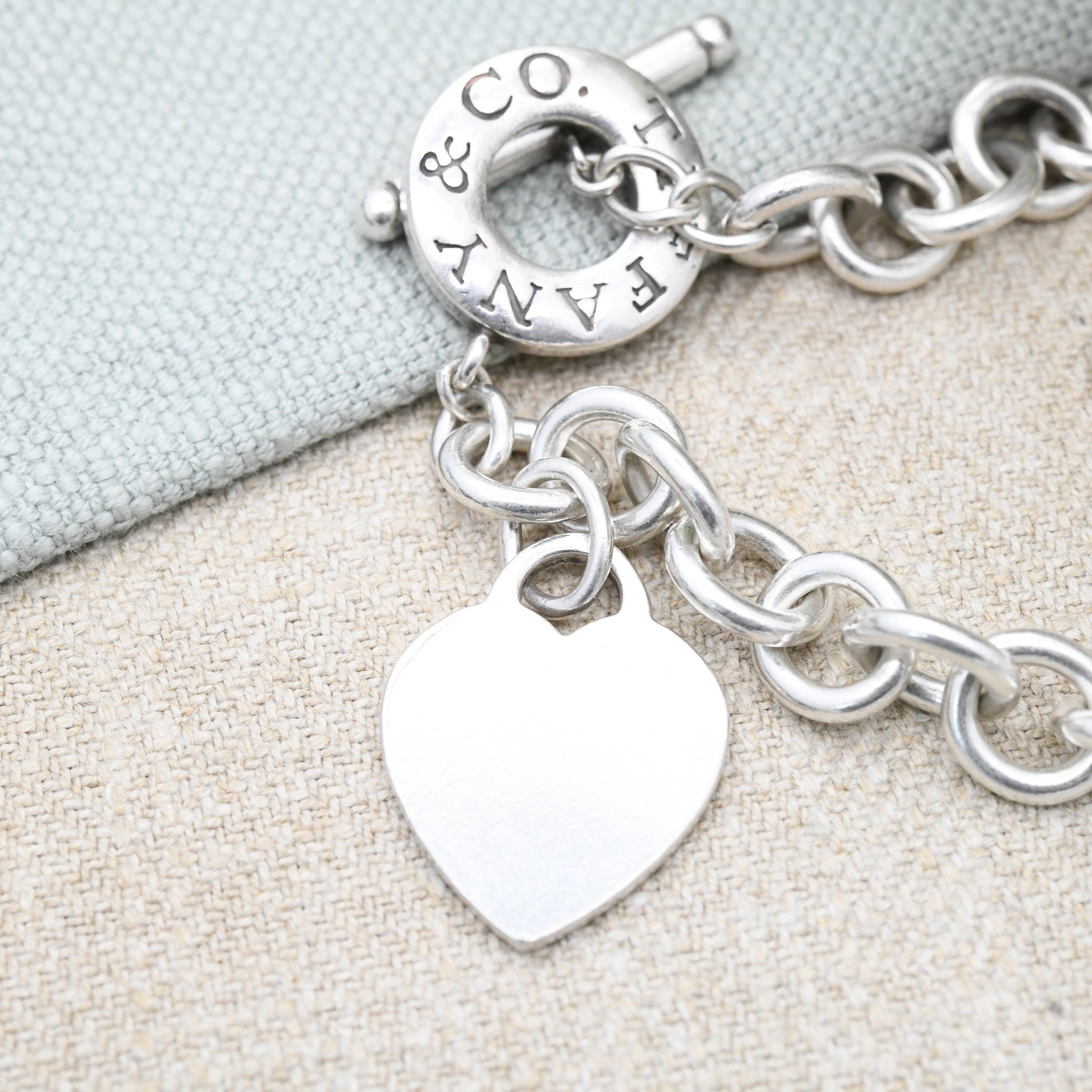 Tiffany & Co Sterling Silver Bracelet with Tiffany Heart Tag Charm Authentic Hallmarked | Toggle and Ring Clasp | Designer Silver | 20cm 8"