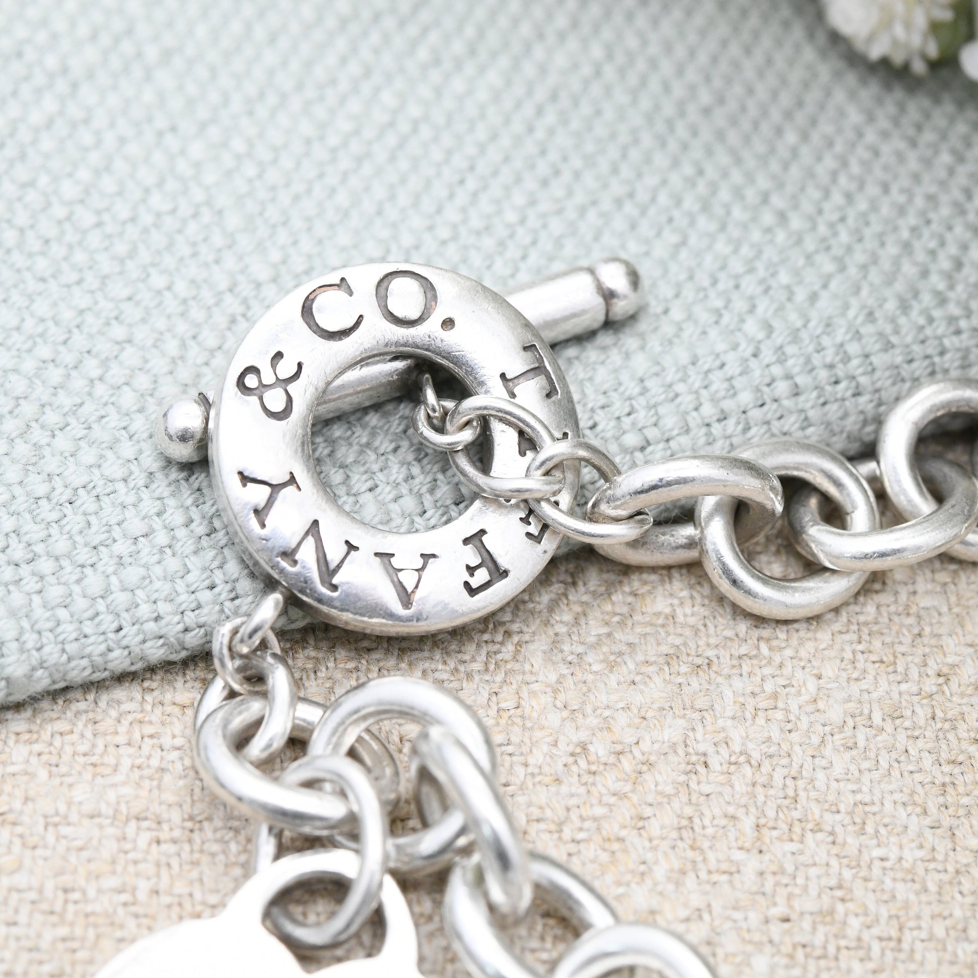 Tiffany & Co Sterling Silver Bracelet with Tiffany Heart Tag Charm Authentic Hallmarked | Toggle and Ring Clasp | Designer Silver | 20cm 8"