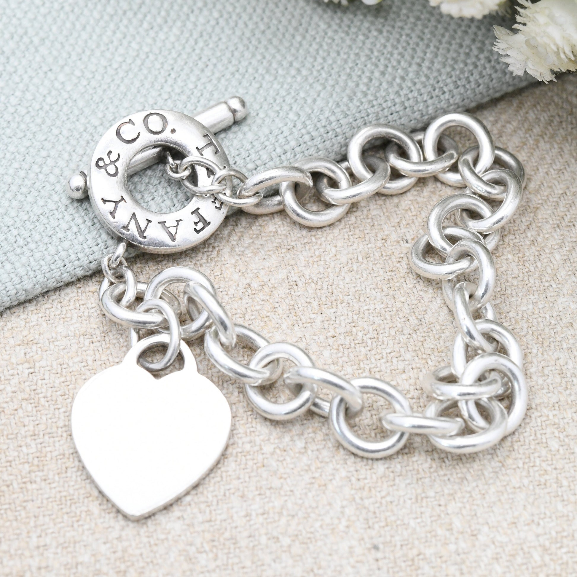 Tiffany & Co Sterling Silver Bracelet with Tiffany Heart Tag Charm Authentic Hallmarked | Toggle and Ring Clasp | Designer Silver | 20cm 8"