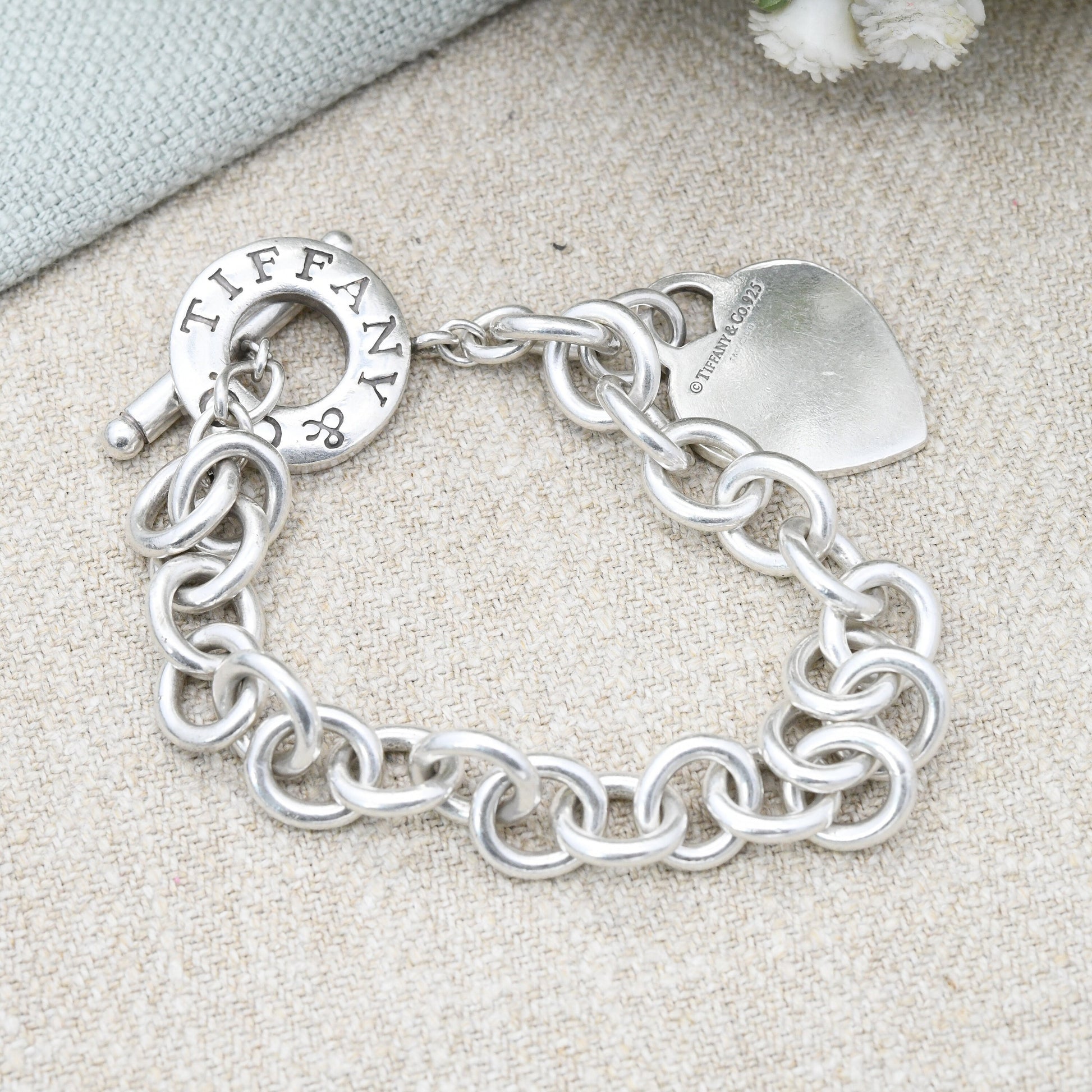 Tiffany & Co Sterling Silver Bracelet with Tiffany Heart Tag Charm Authentic Hallmarked | Toggle and Ring Clasp | Designer Silver | 20cm 8"