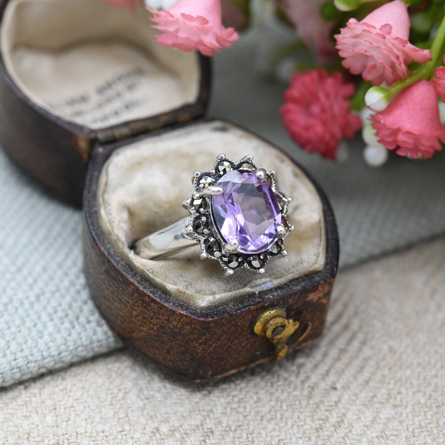 Vintage Sterling Silver Amethyst and Marcasite Flower Ring - Cocktail Large Purple Stone with Floral Halo | UK Size - L 1/2 | US Size - 6