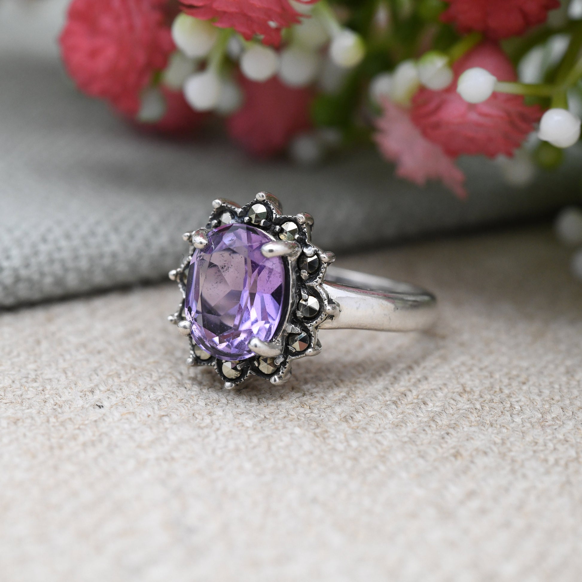 Vintage Sterling Silver Amethyst and Marcasite Flower Ring - Cocktail Large Purple Stone with Floral Halo | UK Size - L 1/2 | US Size - 6