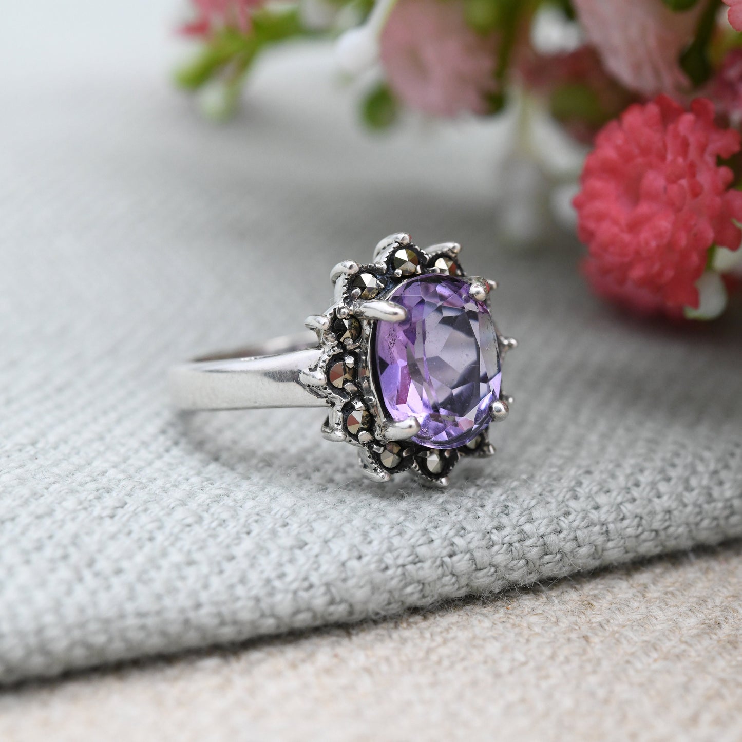 Vintage Sterling Silver Amethyst and Marcasite Flower Ring - Cocktail Large Purple Stone with Floral Halo | UK Size - L 1/2 | US Size - 6