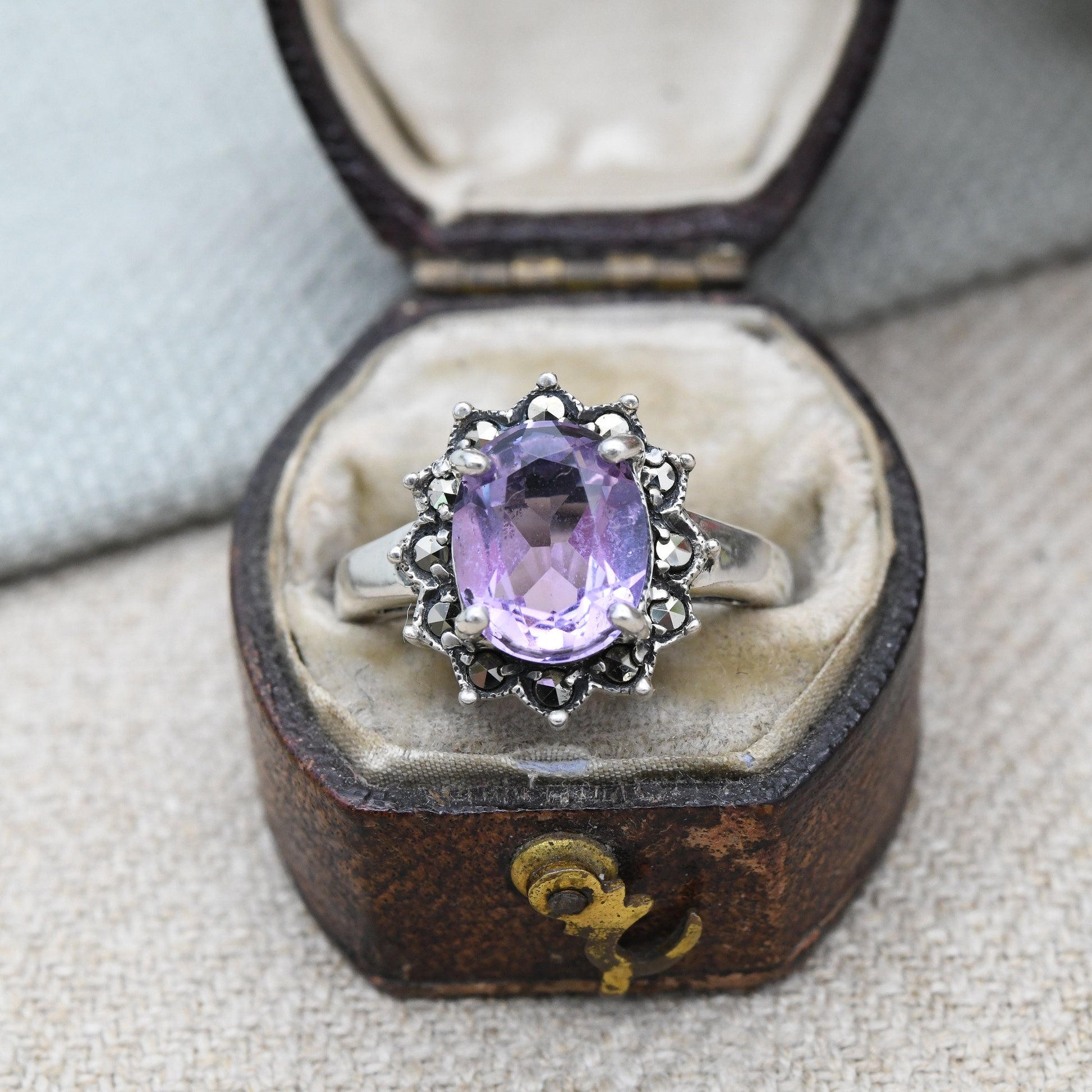 Vintage Sterling Silver Amethyst and Marcasite Flower Ring - Cocktail Large Purple Stone with Floral Halo | UK Size - L 1/2 | US Size - 6