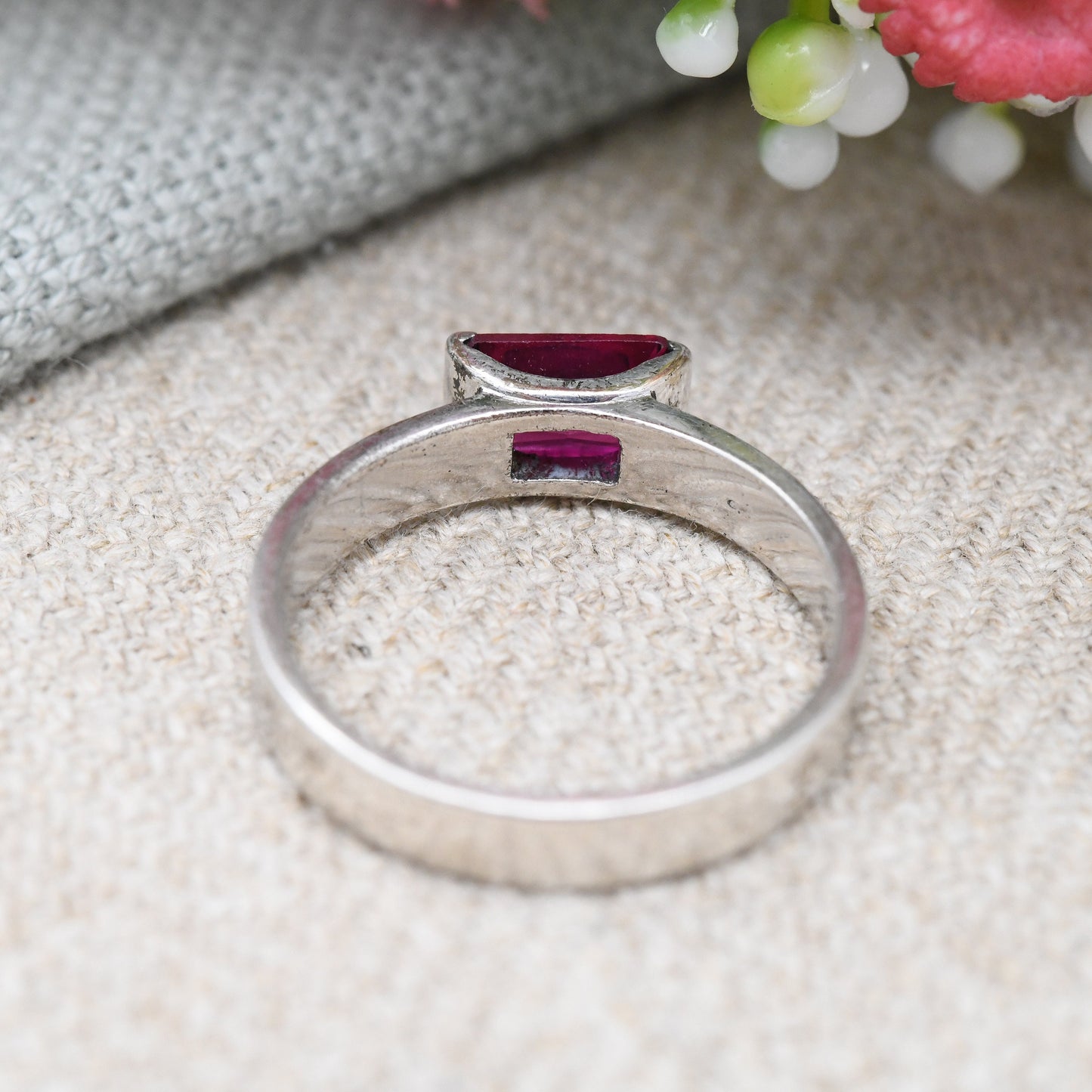 Vintage Sterling Silver Pink Stone Solitaire Ring - Minimal Bright | Pretty Gift for Her | UK Size - P | US Size - 7 1/2