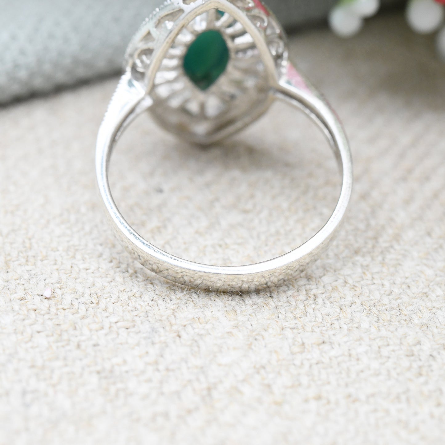 Vintage Sterling Silver Chrysoprase Marcasite Ring - Art Deco Style Navette Shape Statement Cocktail Ring | UK Size - S | US Size - 9