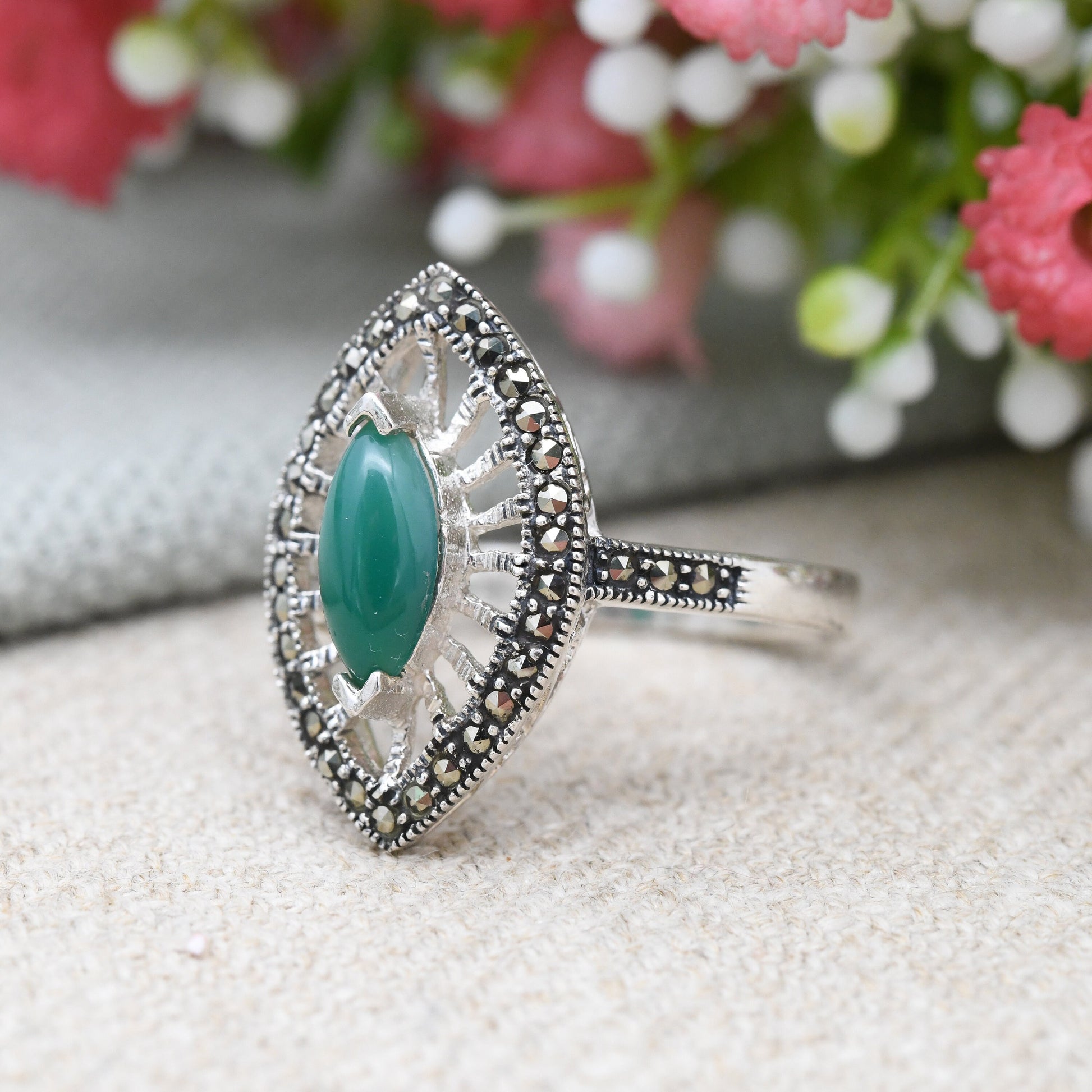 Vintage Sterling Silver Chrysoprase Marcasite Ring - Art Deco Style Navette Shape Statement Cocktail Ring | UK Size - S | US Size - 9