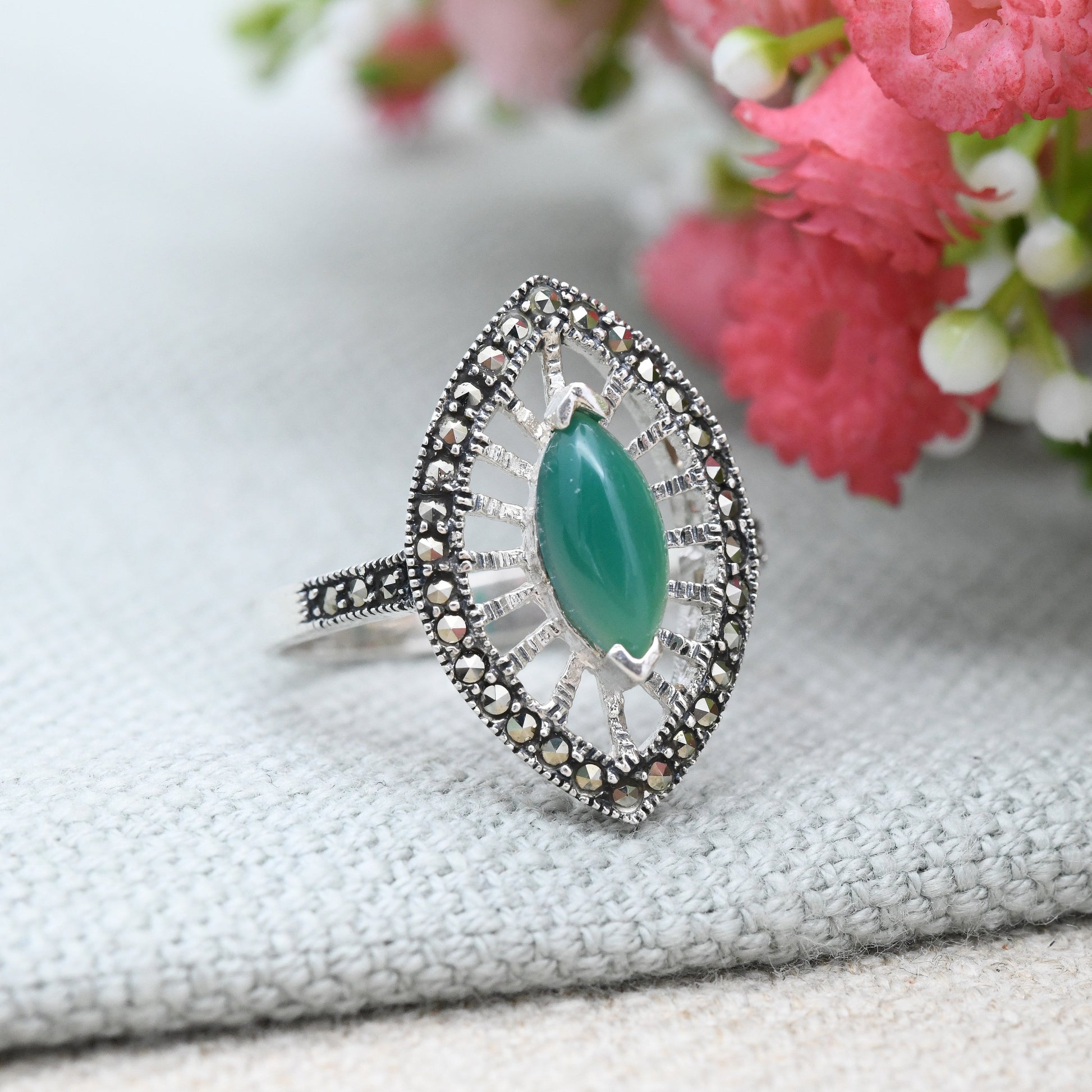 Vintage Sterling Silver Chrysoprase Marcasite Ring - Art Deco Style Navette Shape Statement Cocktail Ring | UK Size - S | US Size - 9