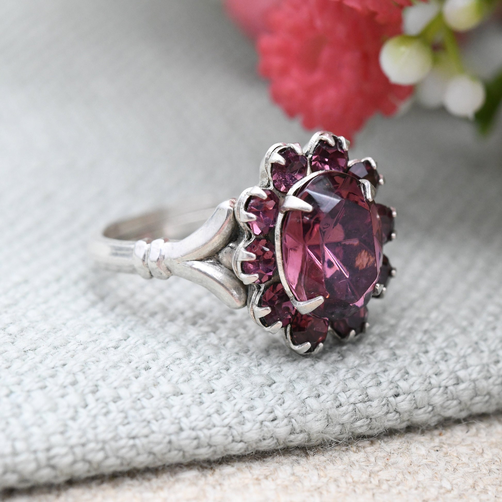 Vintage Sterling Silver Rhinestone Flower Ring - Faceted Purple Glass Stone | Statement Cocktail | Adjustable UK Size - N | US Size - 6 1/2