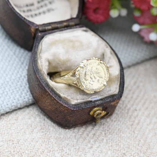 Vintage Sterling Silver Mexican Fantasy Coin Signet Ring Maximiliano Emperadon - Gold Plated Jewellery | UK Size - M 1/2 | US Size - 6 1/2