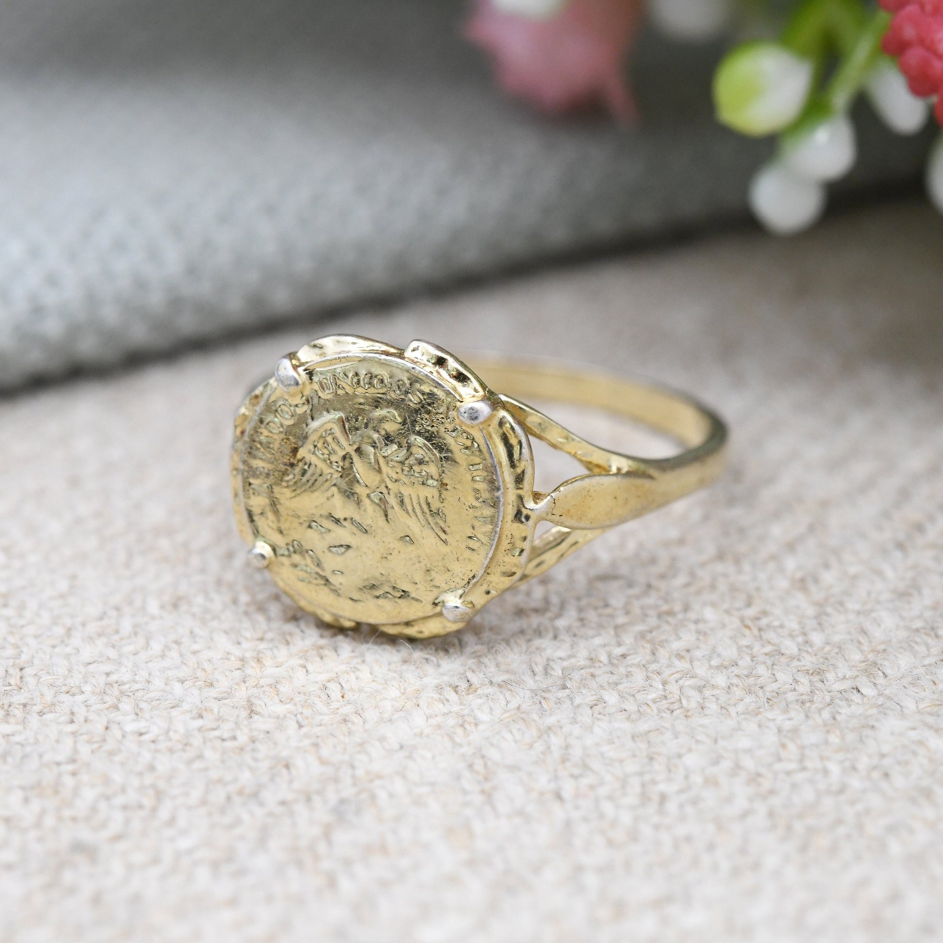 Vintage Sterling Silver Mexican Fantasy Coin Signet Ring Maximiliano Emperadon - Gold Plated Jewellery | UK Size - M 1/2 | US Size - 6 1/2