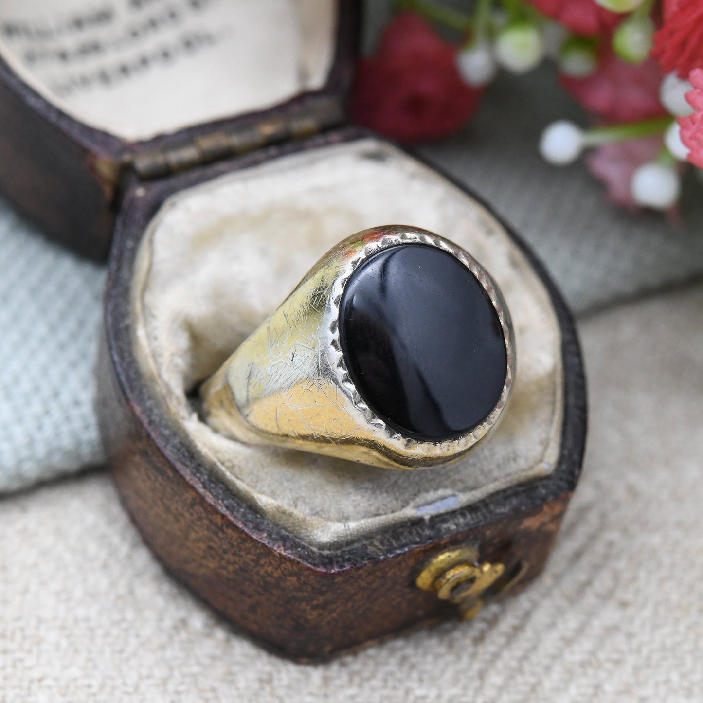 Vintage Gold Plated Sterling Silver Onyx Signet Ring - 22ct On Silver | Chunky Large Unisex Jewellery | UK Size - R | US Size - 8 1/2