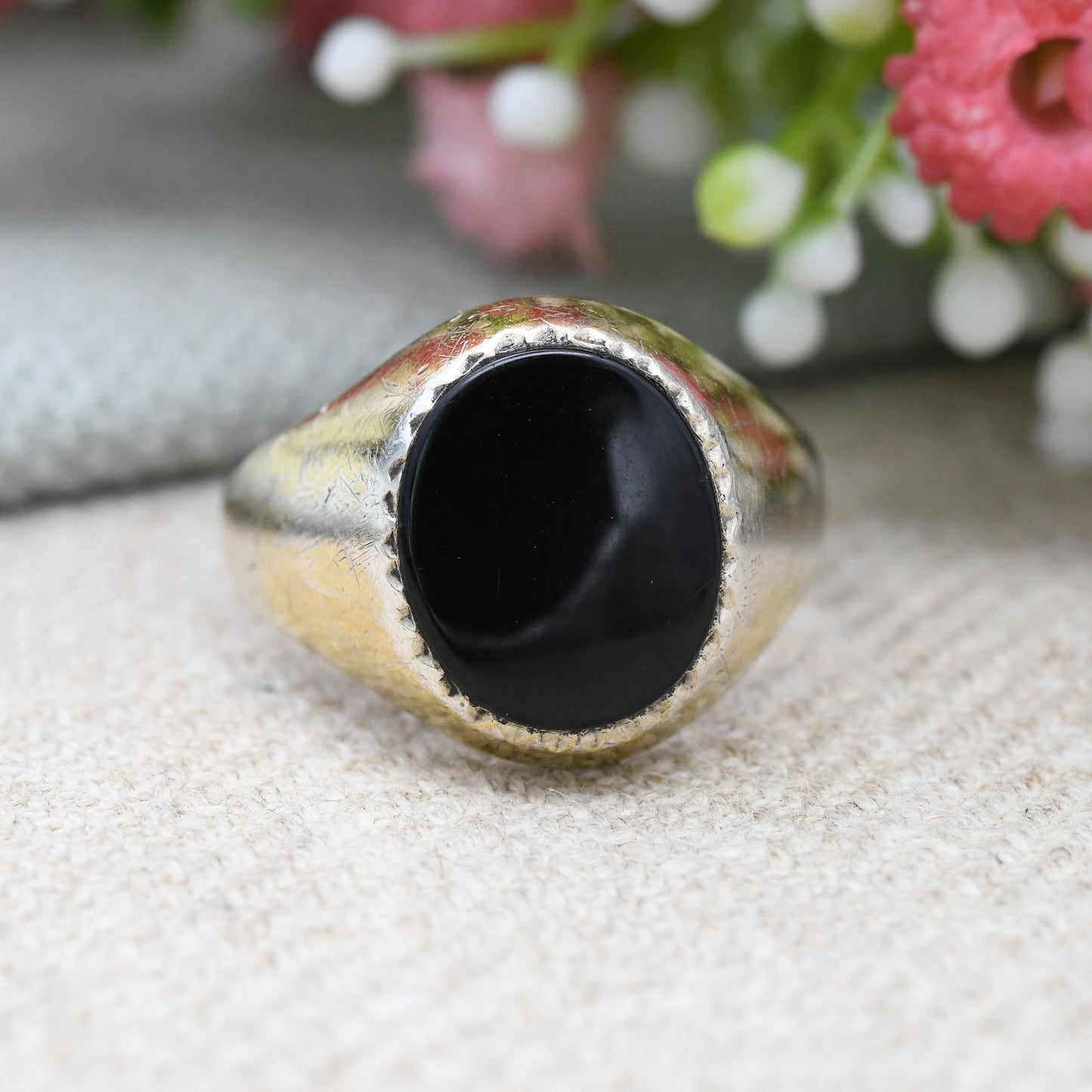 Vintage Gold Plated Sterling Silver Onyx Signet Ring - 22ct On Silver | Chunky Large Unisex Jewellery | UK Size - R | US Size - 8 1/2