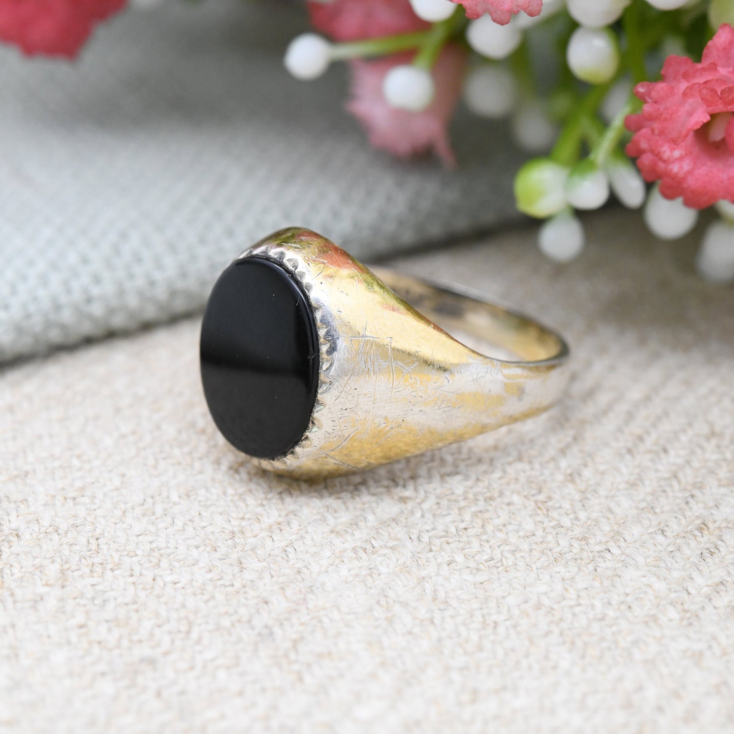 Vintage Gold Plated Sterling Silver Onyx Signet Ring - 22ct On Silver | Chunky Large Unisex Jewellery | UK Size - R | US Size - 8 1/2