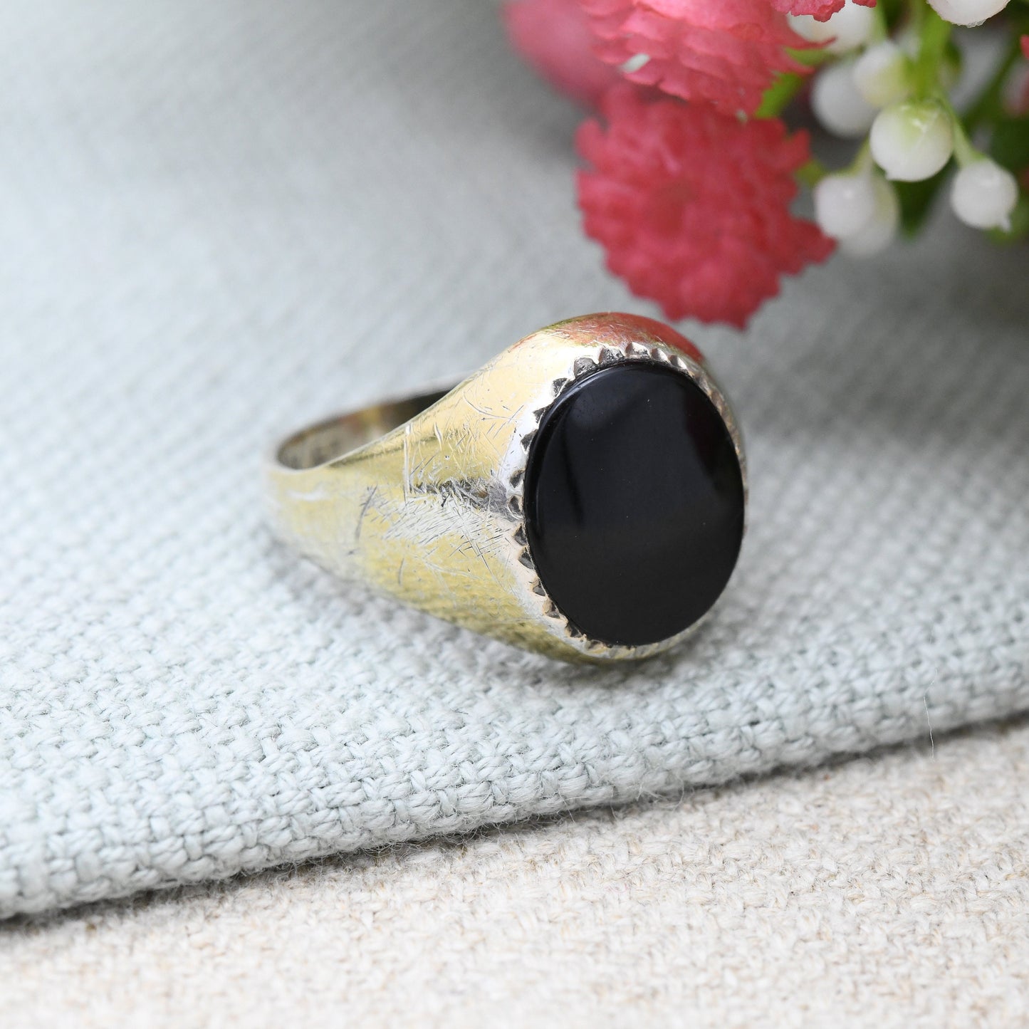 Vintage Gold Plated Sterling Silver Onyx Signet Ring - 22ct On Silver | Chunky Large Unisex Jewellery | UK Size - R | US Size - 8 1/2