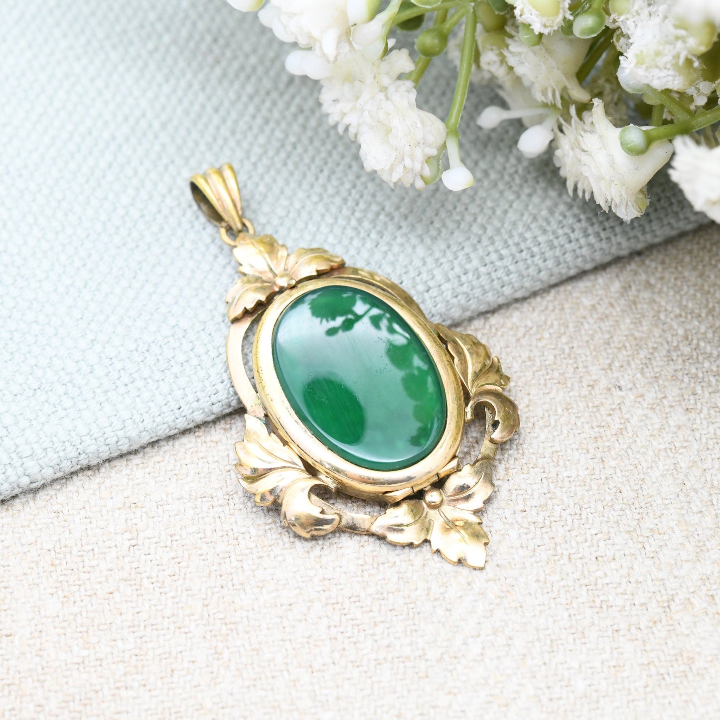 Vintage Rolled Gold Locket Pendant by Sharmaine Paris with Deep Green Stone - Ornate Art Nouveau Style | Gold Tone Gold Fix