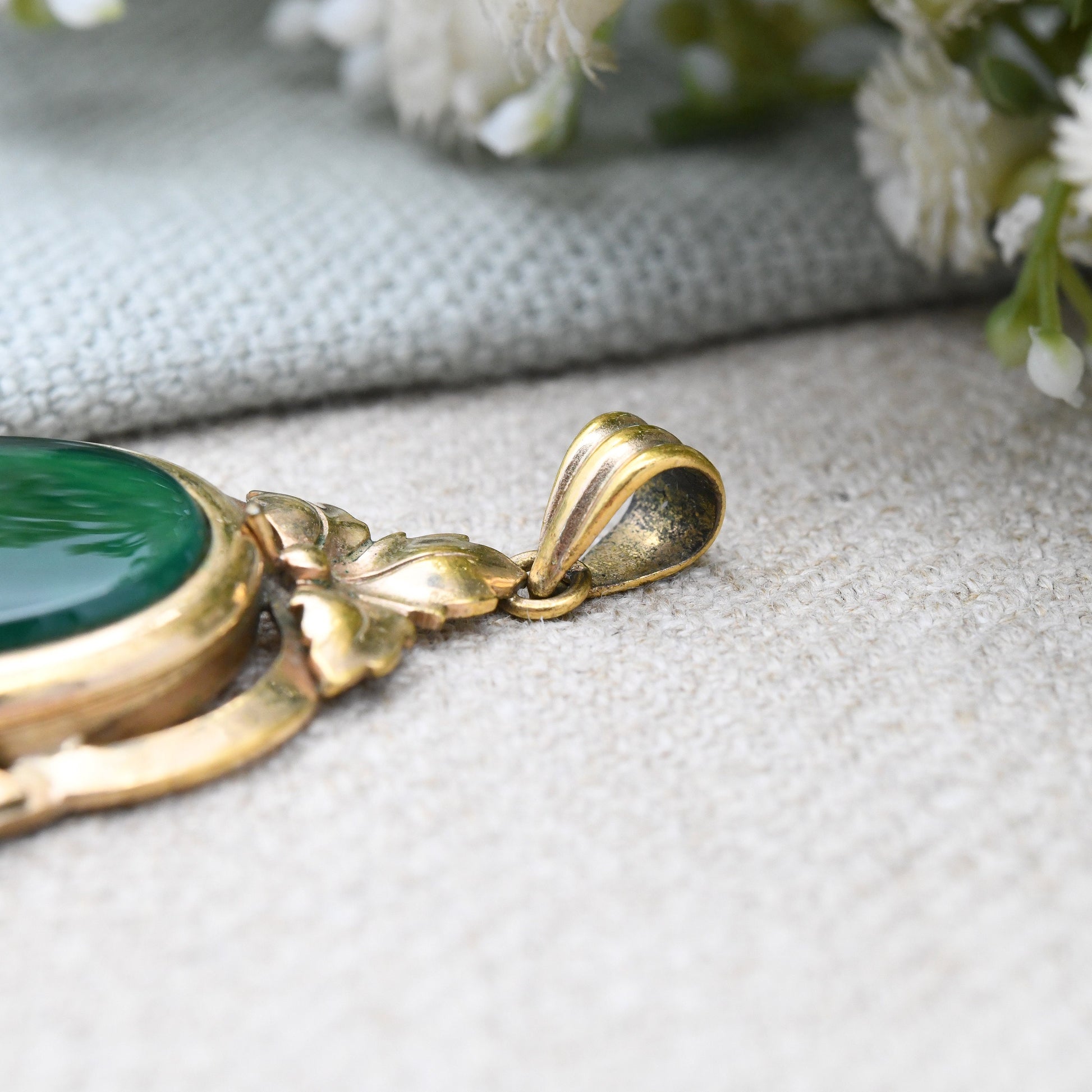 Vintage Rolled Gold Locket Pendant by Sharmaine Paris with Deep Green Stone - Ornate Art Nouveau Style | Gold Tone Gold Fix