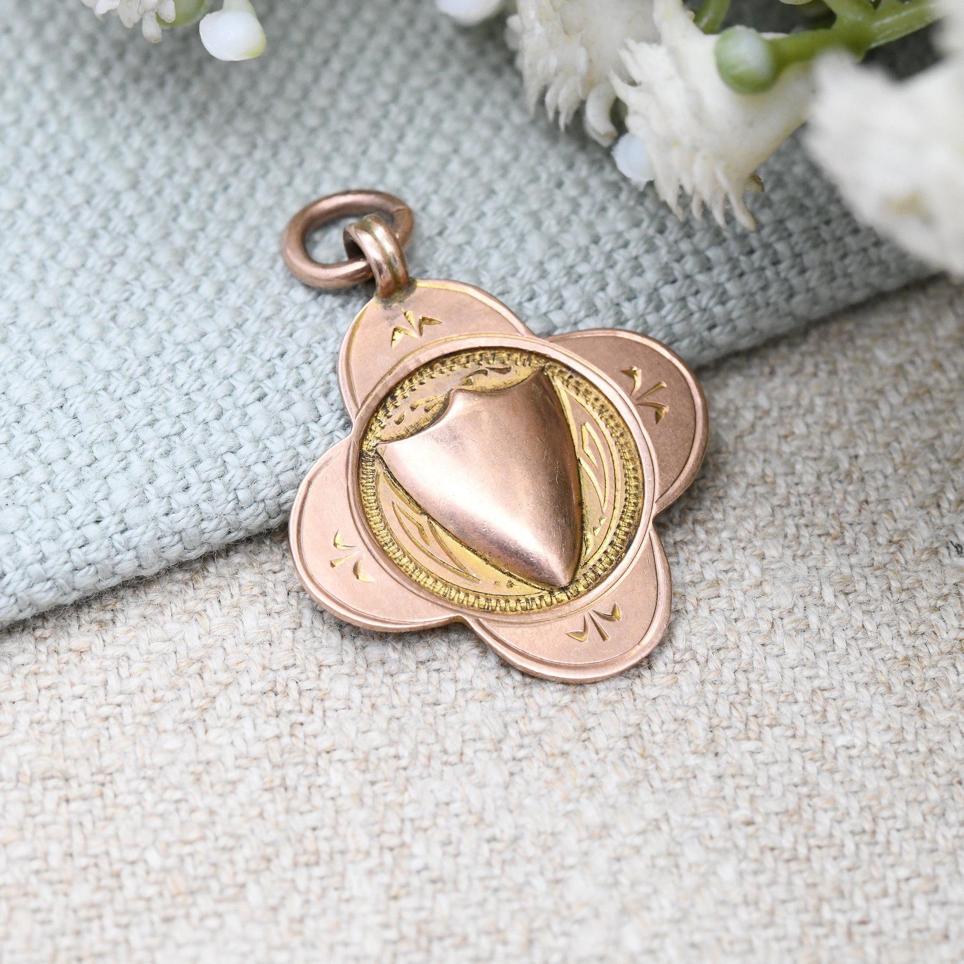 Vintage 9ct Gold Shield Fob 1927 by Herbert Bushell & Son - Watch Fob Pendant | Blank for Engraving | Rose Gold and Yellow Gold | Quatrefoil