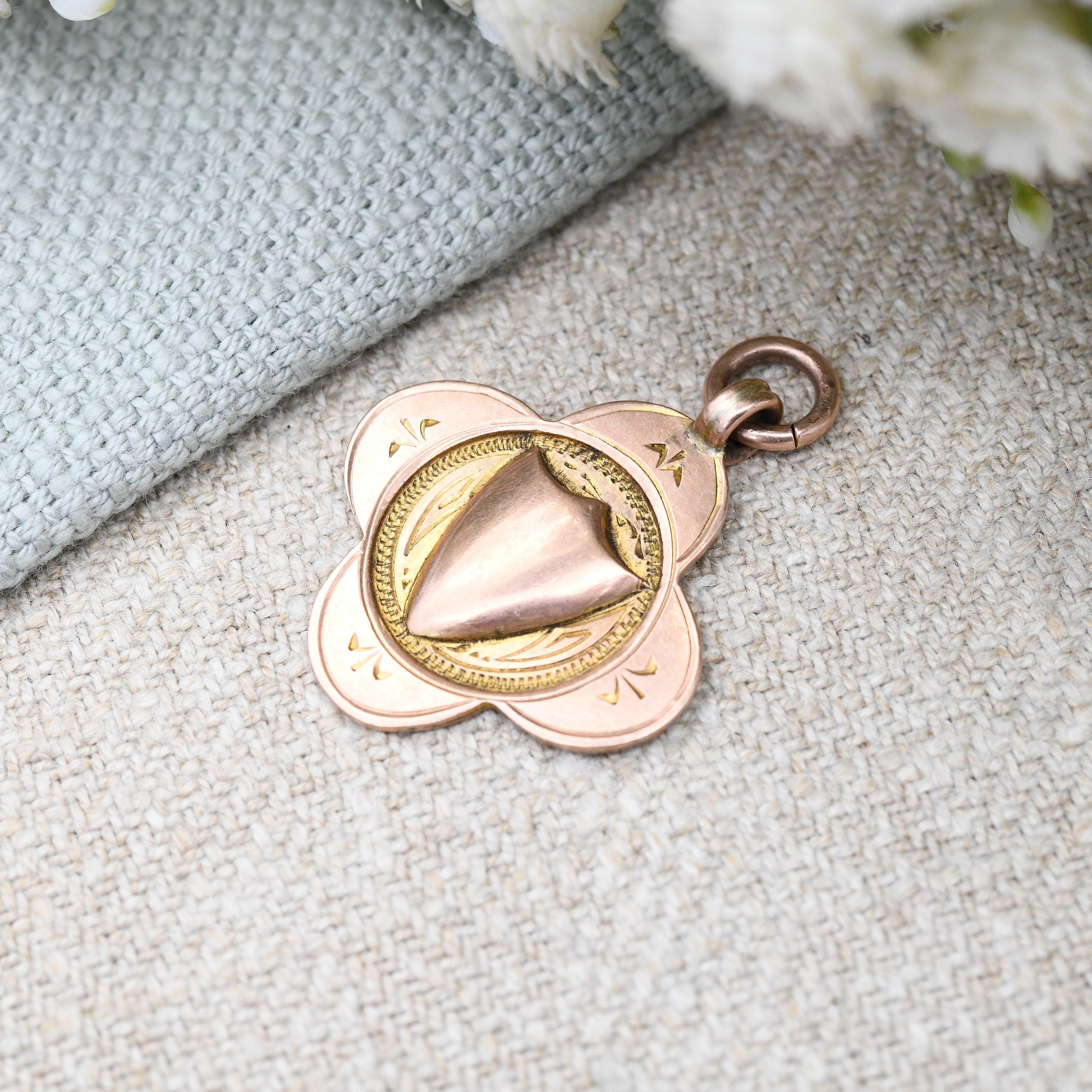 Vintage 9ct Gold Shield Fob 1927 by Herbert Bushell & Son - Watch Fob Pendant | Blank for Engraving | Rose Gold and Yellow Gold | Quatrefoil