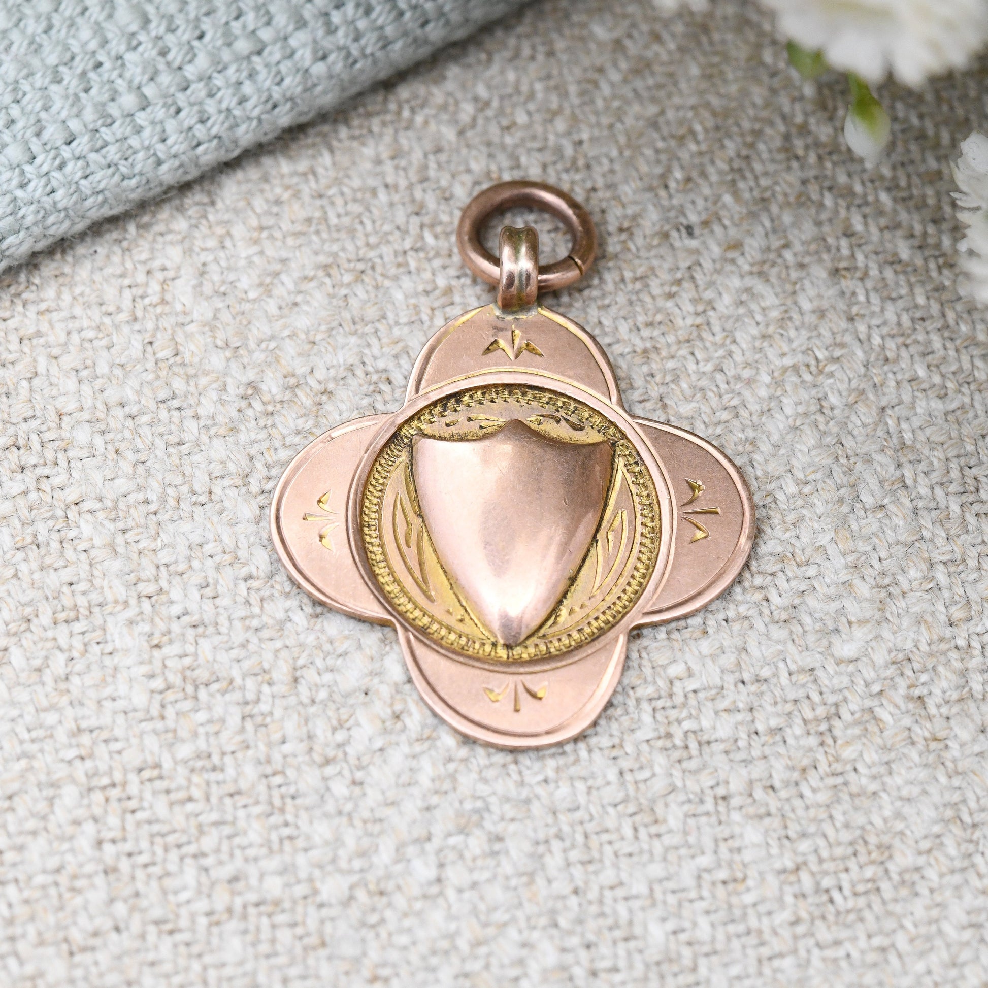 Vintage 9ct Gold Shield Fob 1927 by Herbert Bushell & Son - Watch Fob Pendant | Blank for Engraving | Rose Gold and Yellow Gold | Quatrefoil