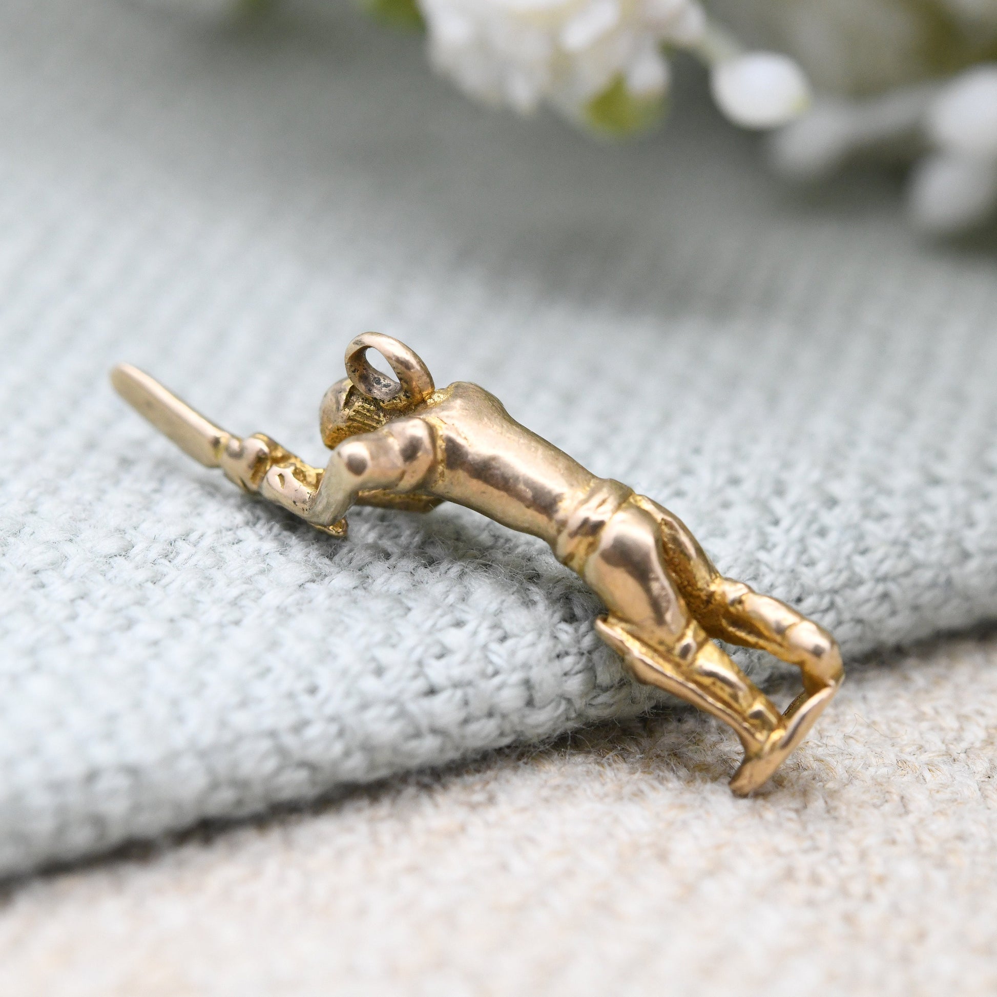 Vintage 9ct Gold Cricketer Charm Pendant 1970s - Man Playing Cricket Sportsman | Gift for Cricket Player Fan | Solid Gold Detailed Pendant