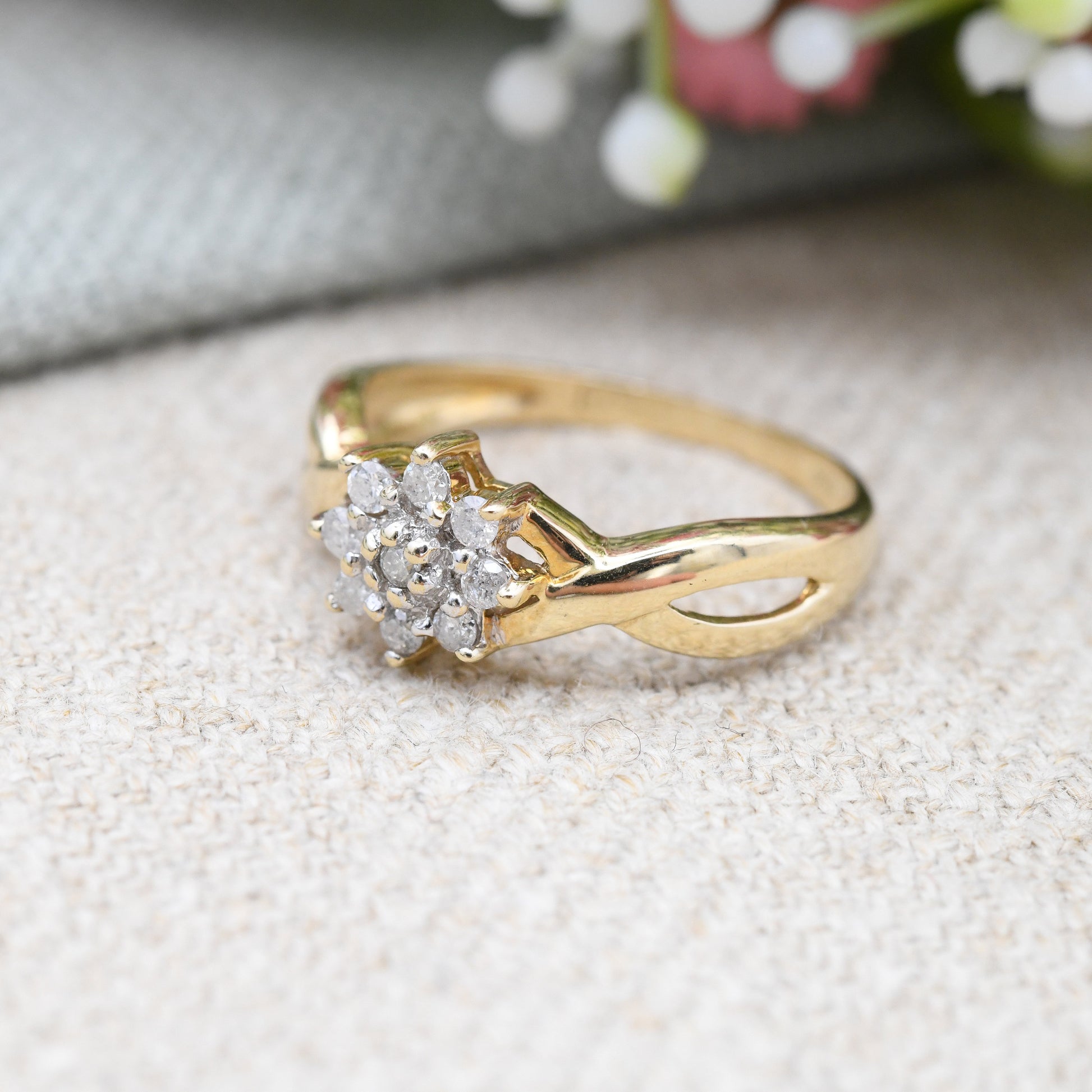 Vintage 10ct Gold and Diamond Flower Cluster Ring with Twist Band - Statement Engagement | Elven Flower | UK Size - N 1/2 | US Size - 7