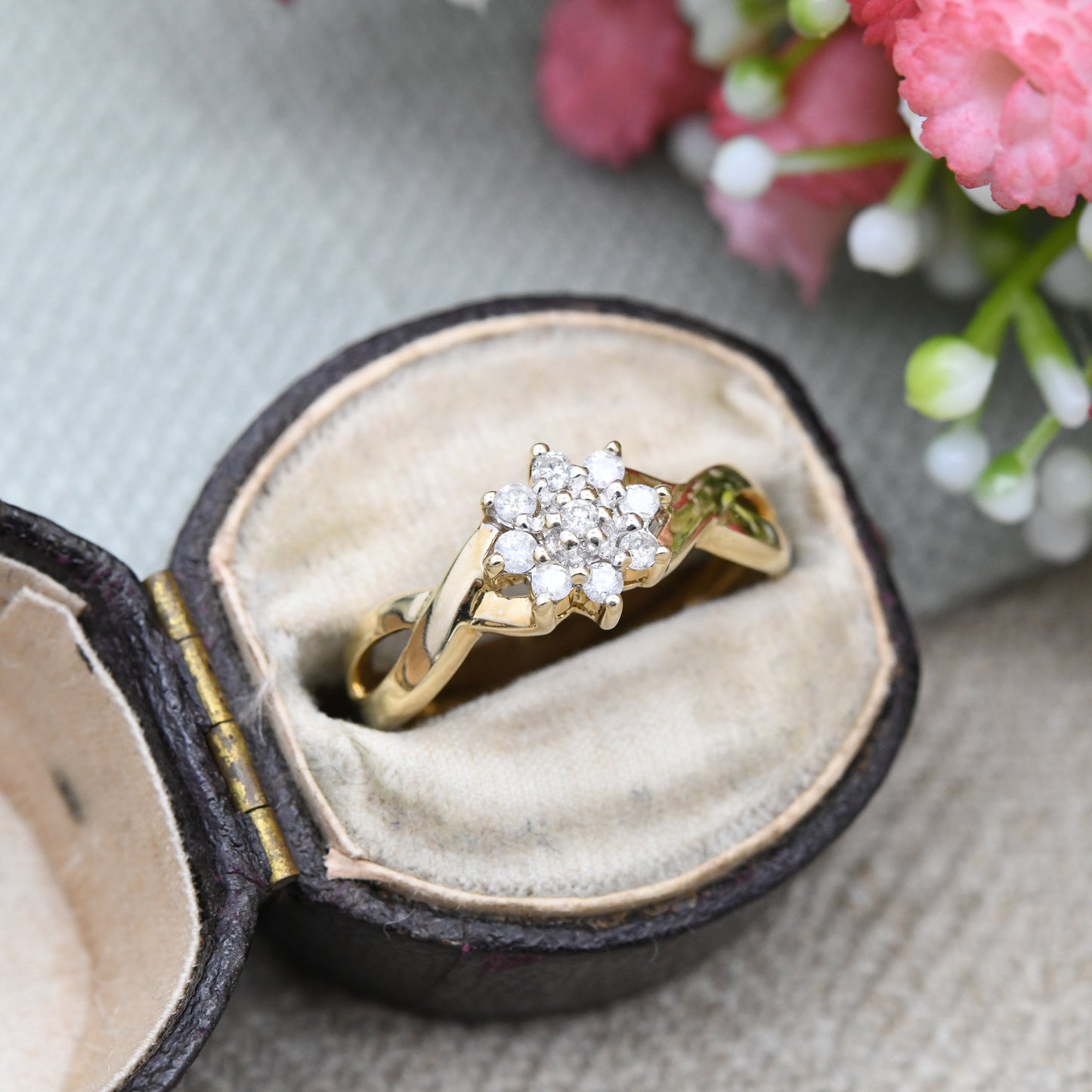 Vintage 10ct Gold and Diamond Flower Cluster Ring with Twist Band - Statement Engagement | Elven Flower | UK Size - N 1/2 | US Size - 7