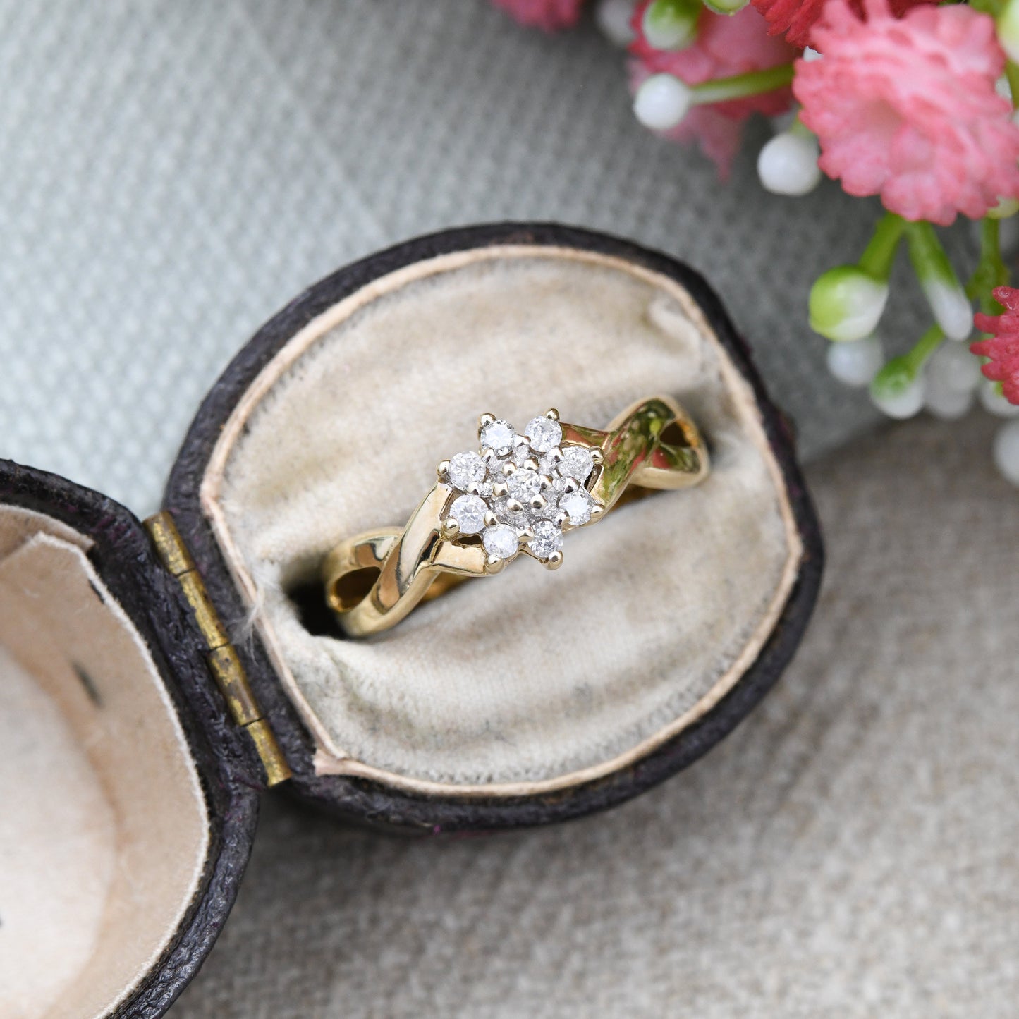 Vintage 10ct Gold and Diamond Flower Cluster Ring with Twist Band - Statement Engagement | Elven Flower | UK Size - N 1/2 | US Size - 7