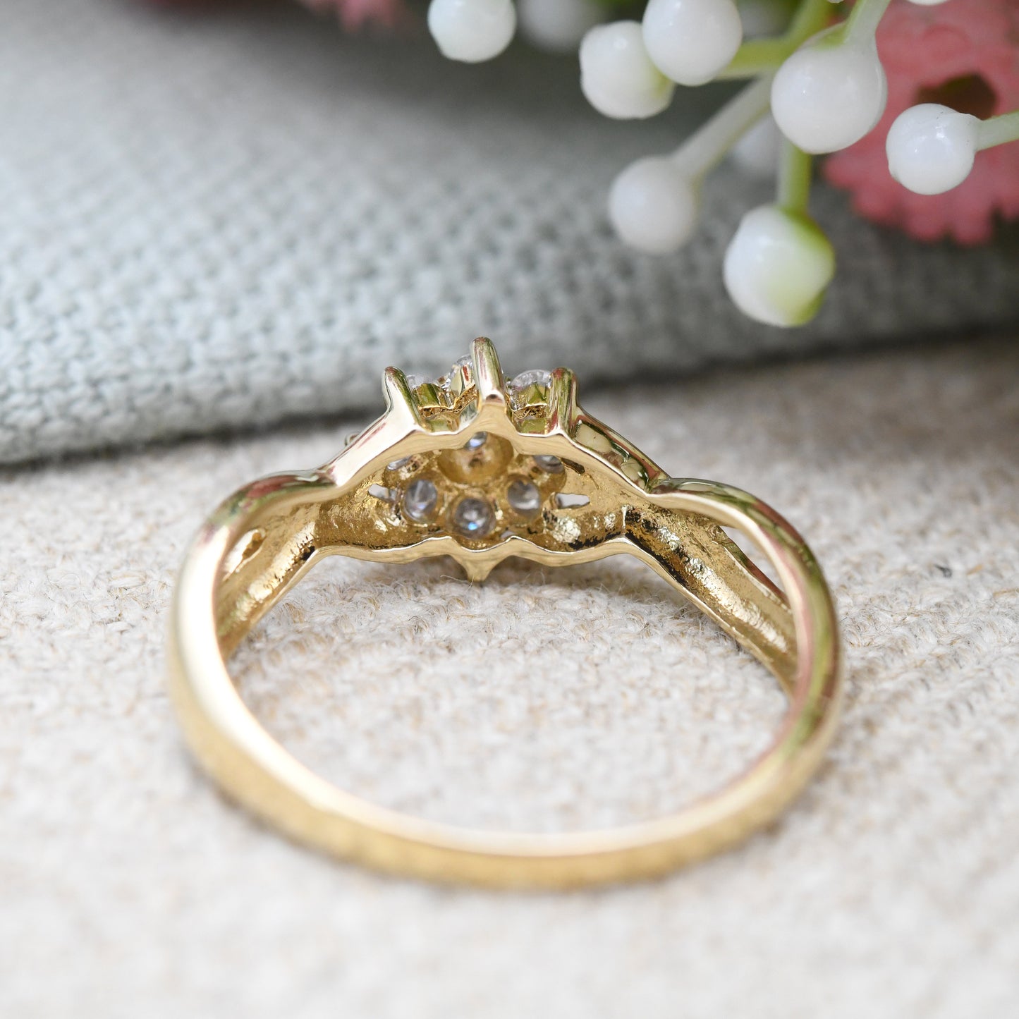 Vintage 10ct Gold and Diamond Flower Cluster Ring with Twist Band - Statement Engagement | Elven Flower | UK Size - N 1/2 | US Size - 7